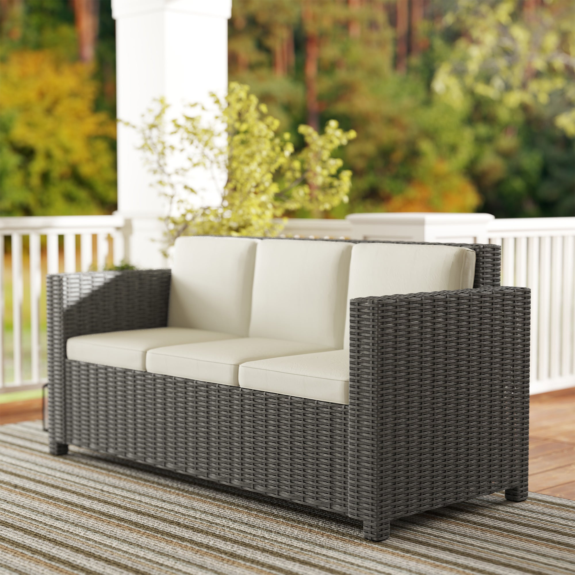 3 Seater Rattan Sofa, All-Weather Wicker Metal Frame with Fire Resistant Cushion, Cream