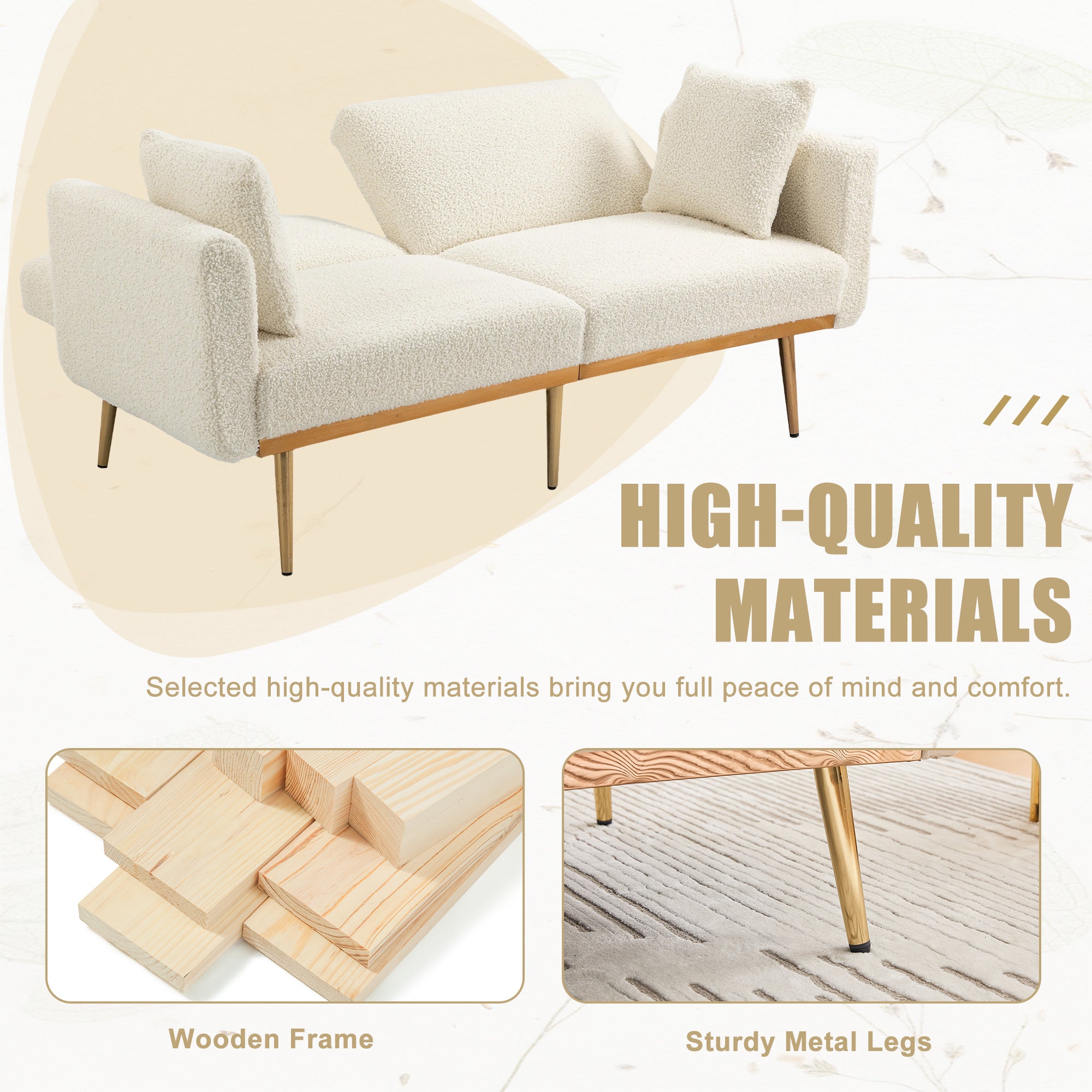 GOMYWAY Modern 2-Seater Sofa 3-Speed Adjustable Backrest Gold Metal Legs White Teddy