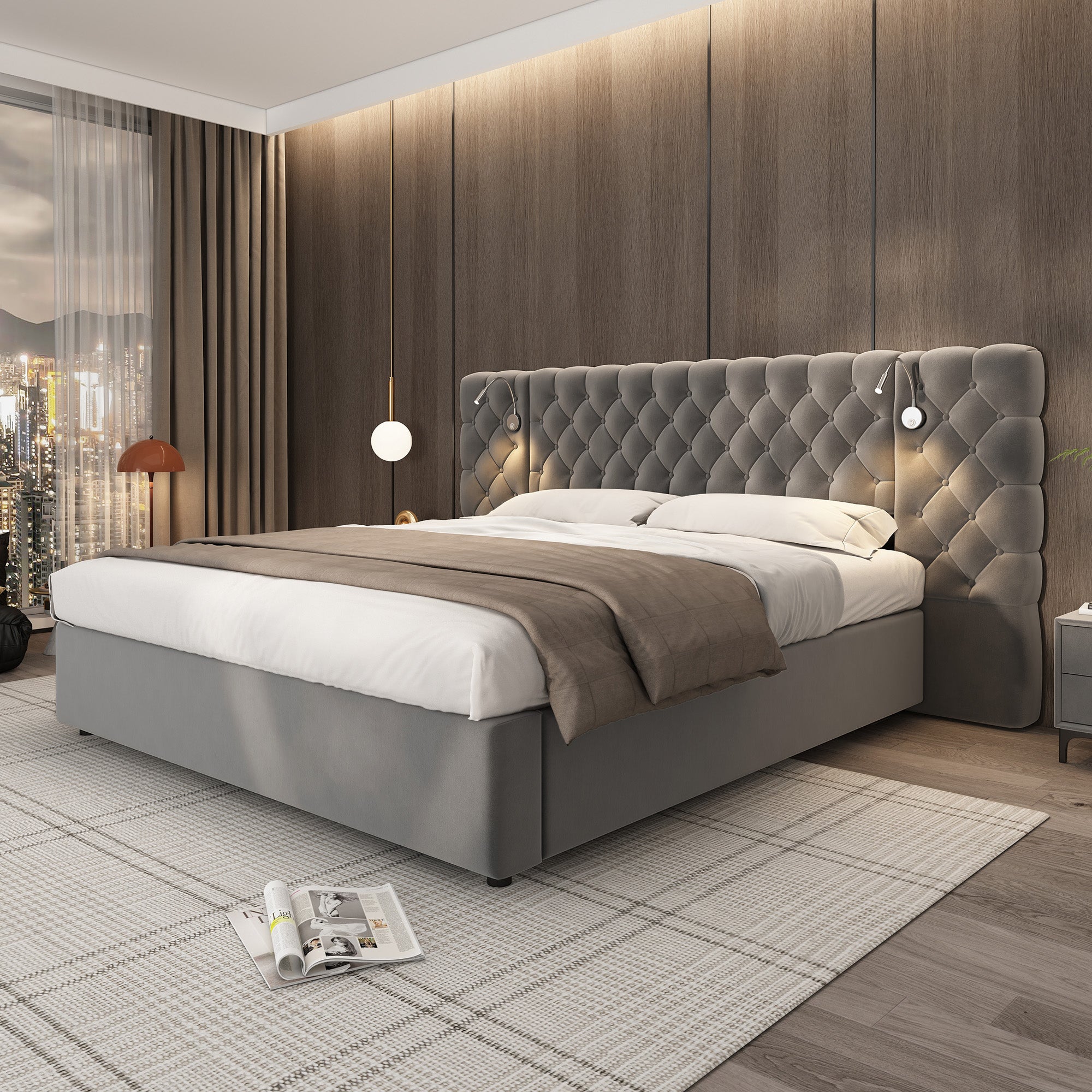 Upholstered Double Bed 180x200cm Hydraulic Storage LED Wide Headboard - Velvet Grey