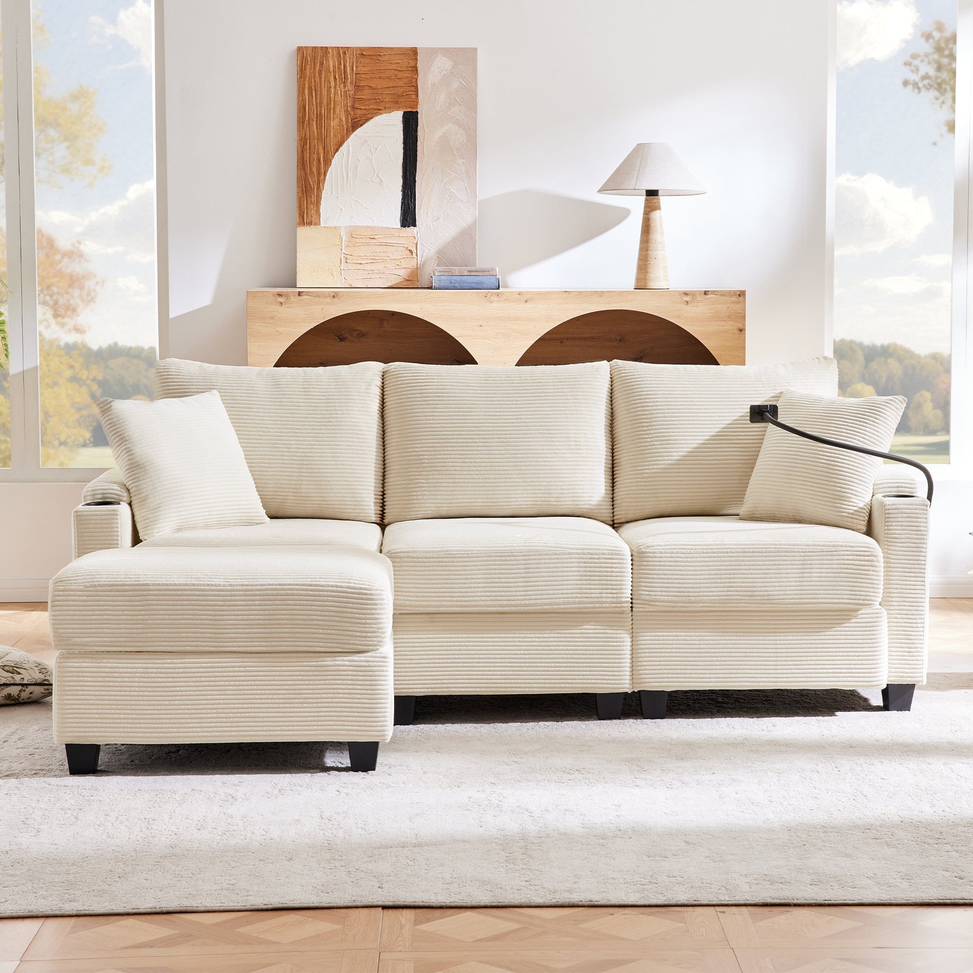 L-shaped Corner Sofa, Convertible 3-Seater with Footstool, Cup Holder, USB Charger, Armrest Storage, Beige