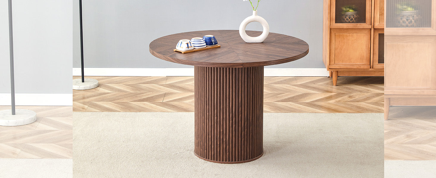 Round Dining Table 100cm 4-6 Seater Storage Cylindrical Leg - Walnut Look MDF