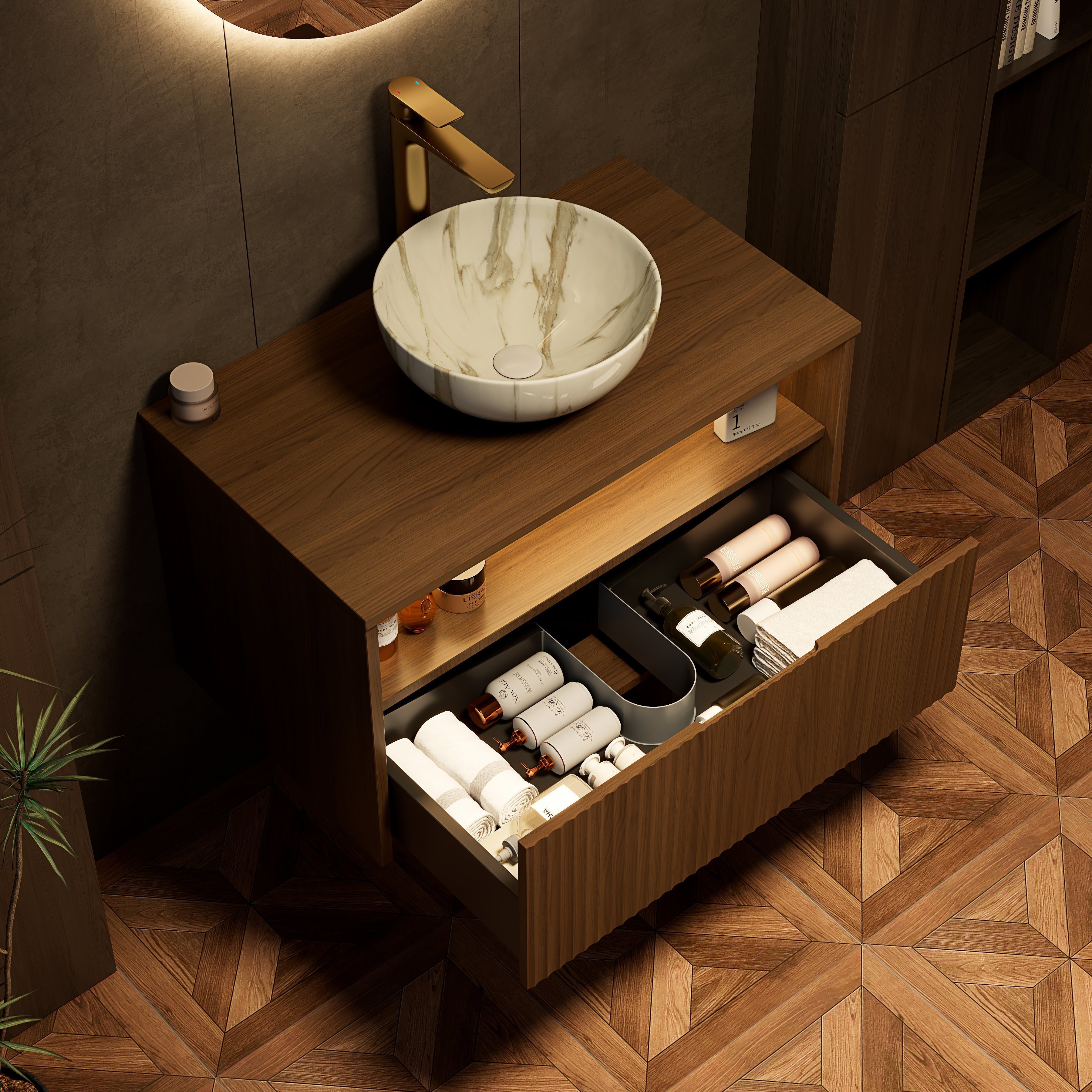 Floating Bathroom Sink with Ceramic Bowl and Sensor Light, Espresso Wood Grain