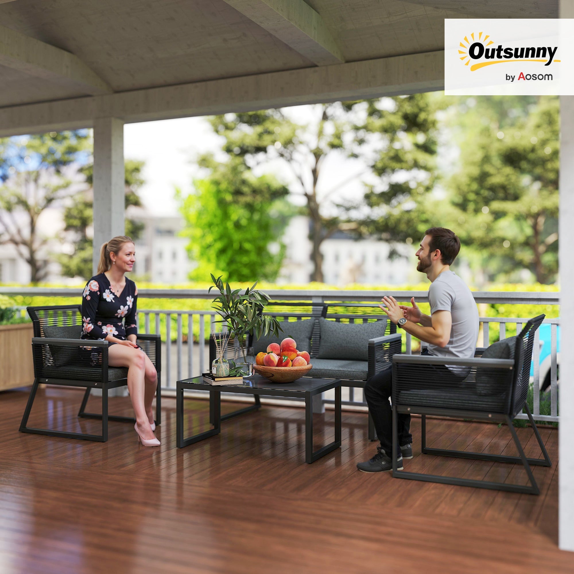 4 Pieces Garden Furniture Set, Rattan, Charcoal Grey