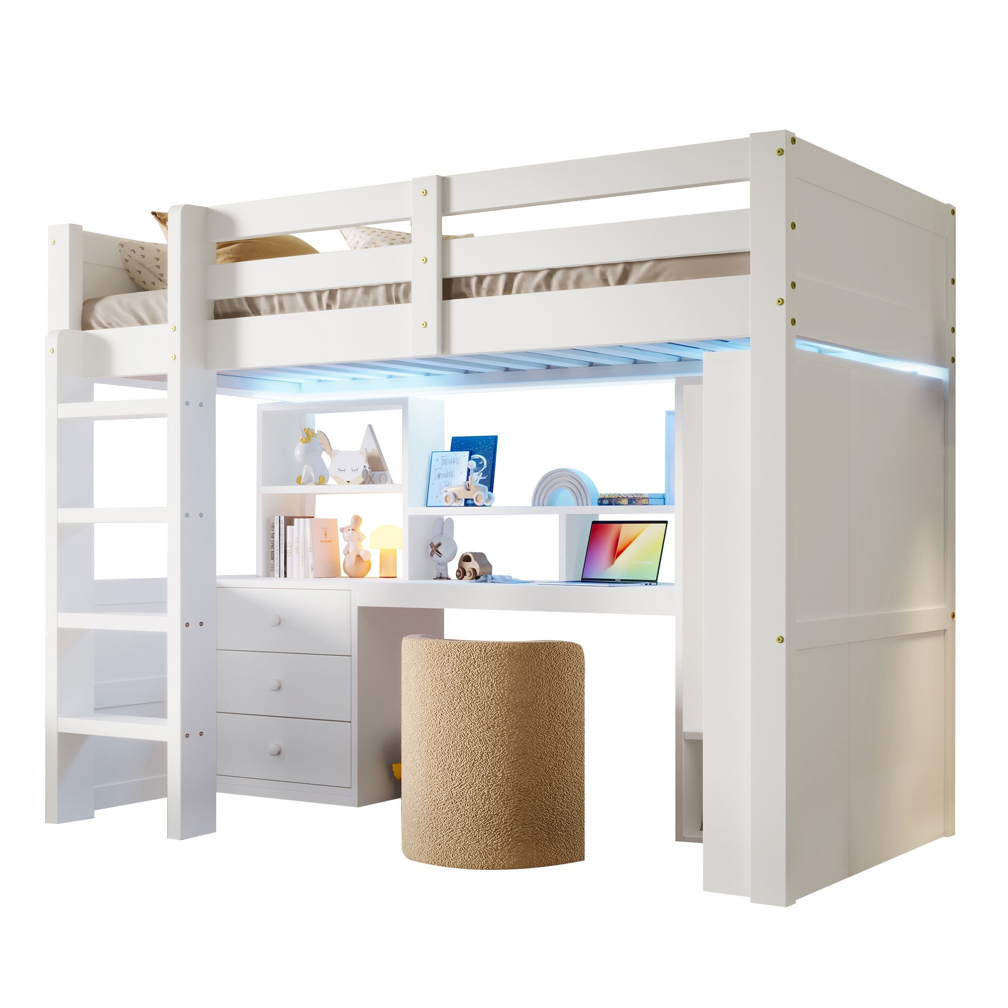 Loft Bed 90x200cm LED Wardrobe Desk Drawers Storage - White
