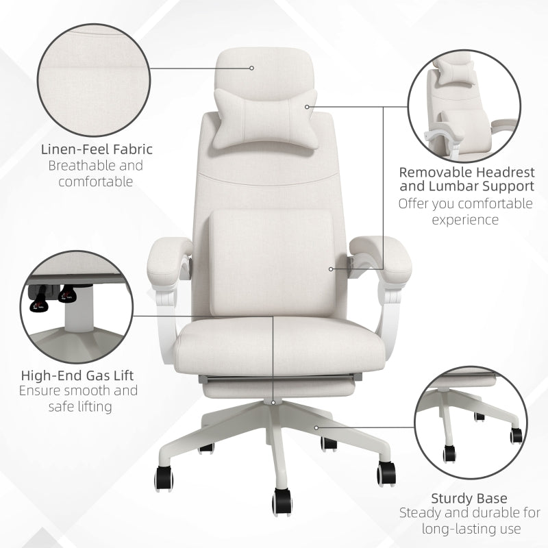 Linen-Look Office Chair 160° Reclining Back Footrest White