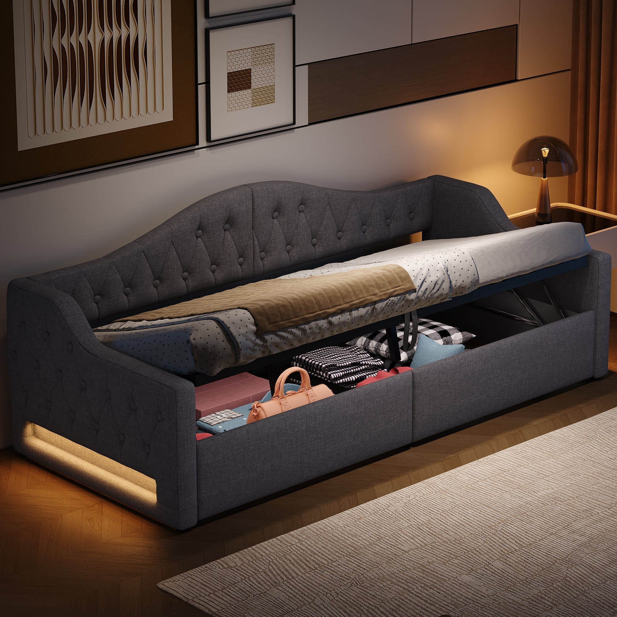 Daybed Upholstered 90x200 LED Storage - Grey