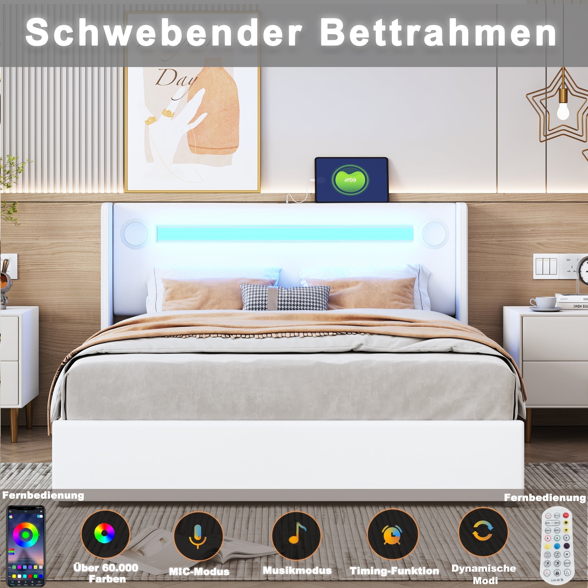 Upholstered Bed 160x200 with LED, Bluetooth, USB, Storage, PU Leather White