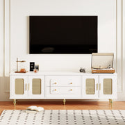 TV Cabinet, Retro Lowboard with Rattan Door & Gold Handles, Metal Legs