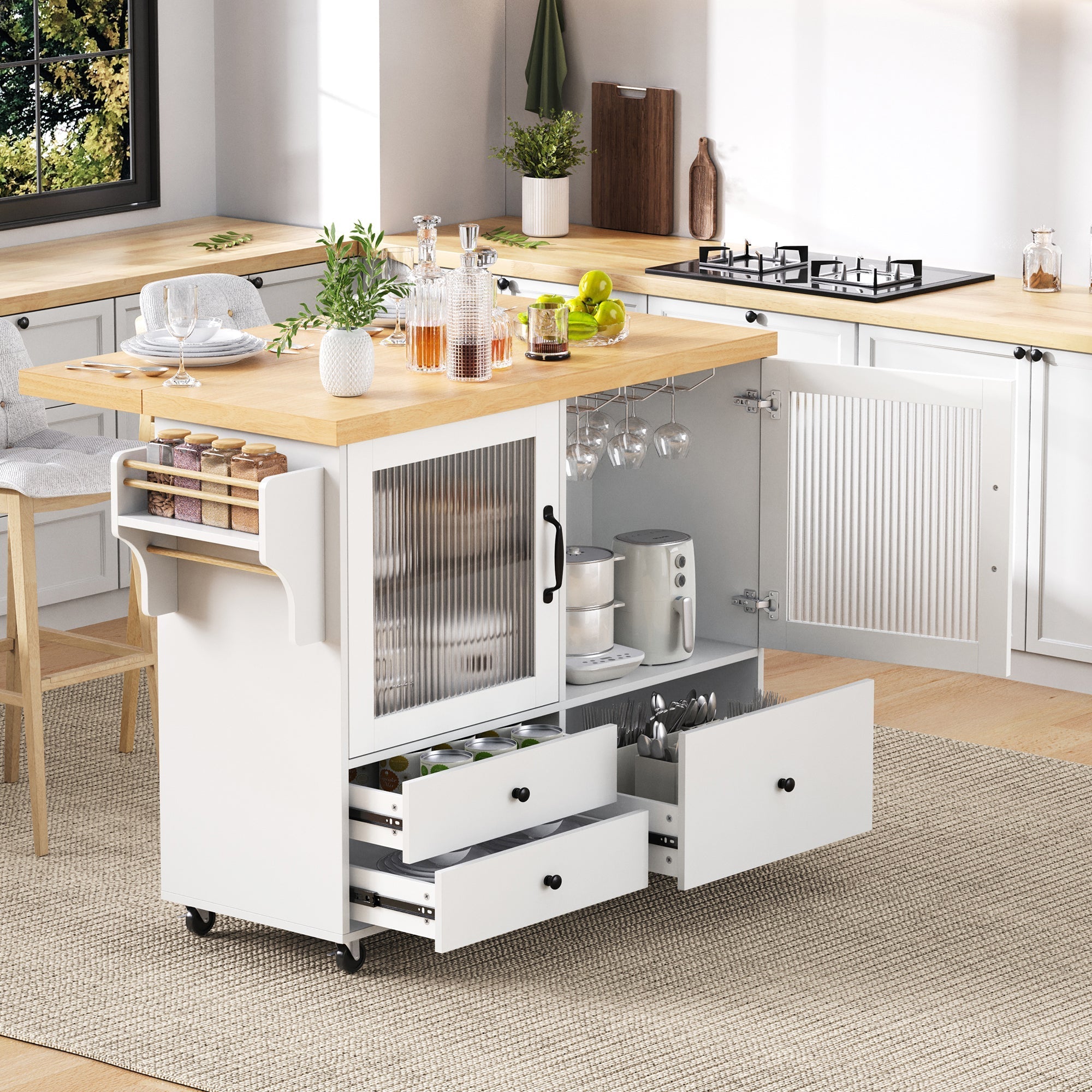 Mobile Kitchen Island Extendable Table Wheels Wine Glass Holder Storage - White