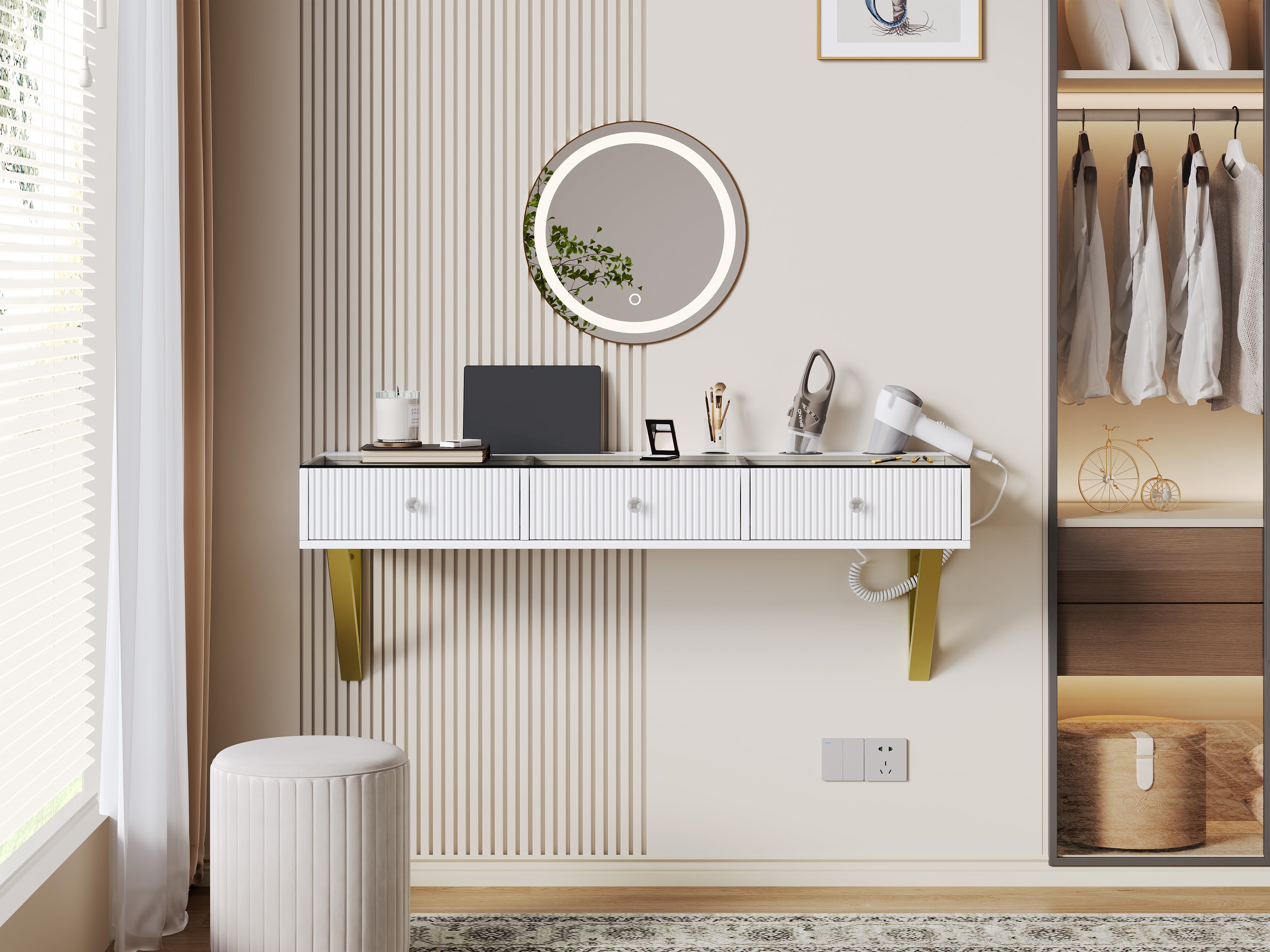 Wall-Mounted Vanity Table with 3 Drawers, Glass Top, Tablet and Cup Holder, White