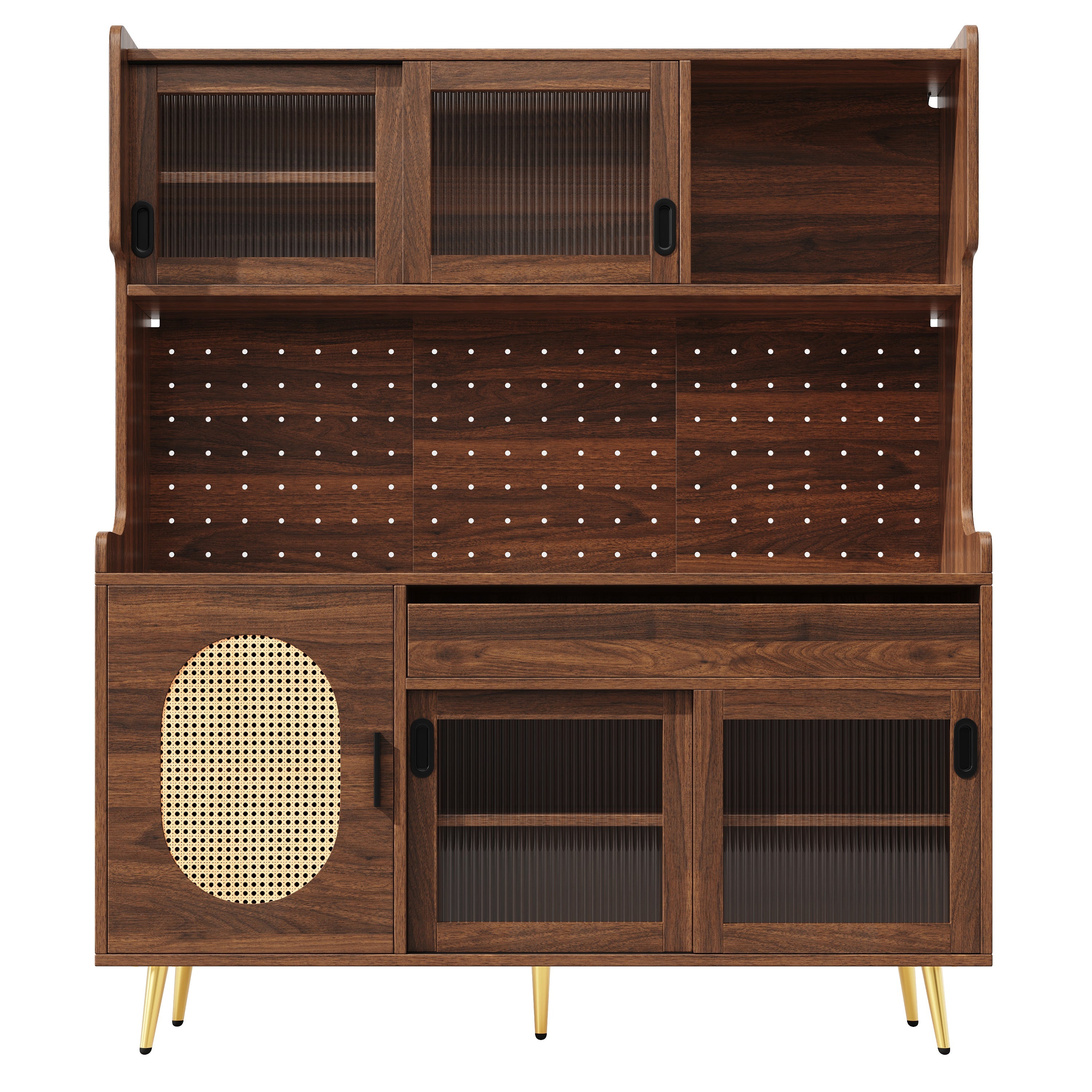 Sideboard Kitchen Buffet Cabinet with LED Strip and Fluted Glass Doors, Brown and Black