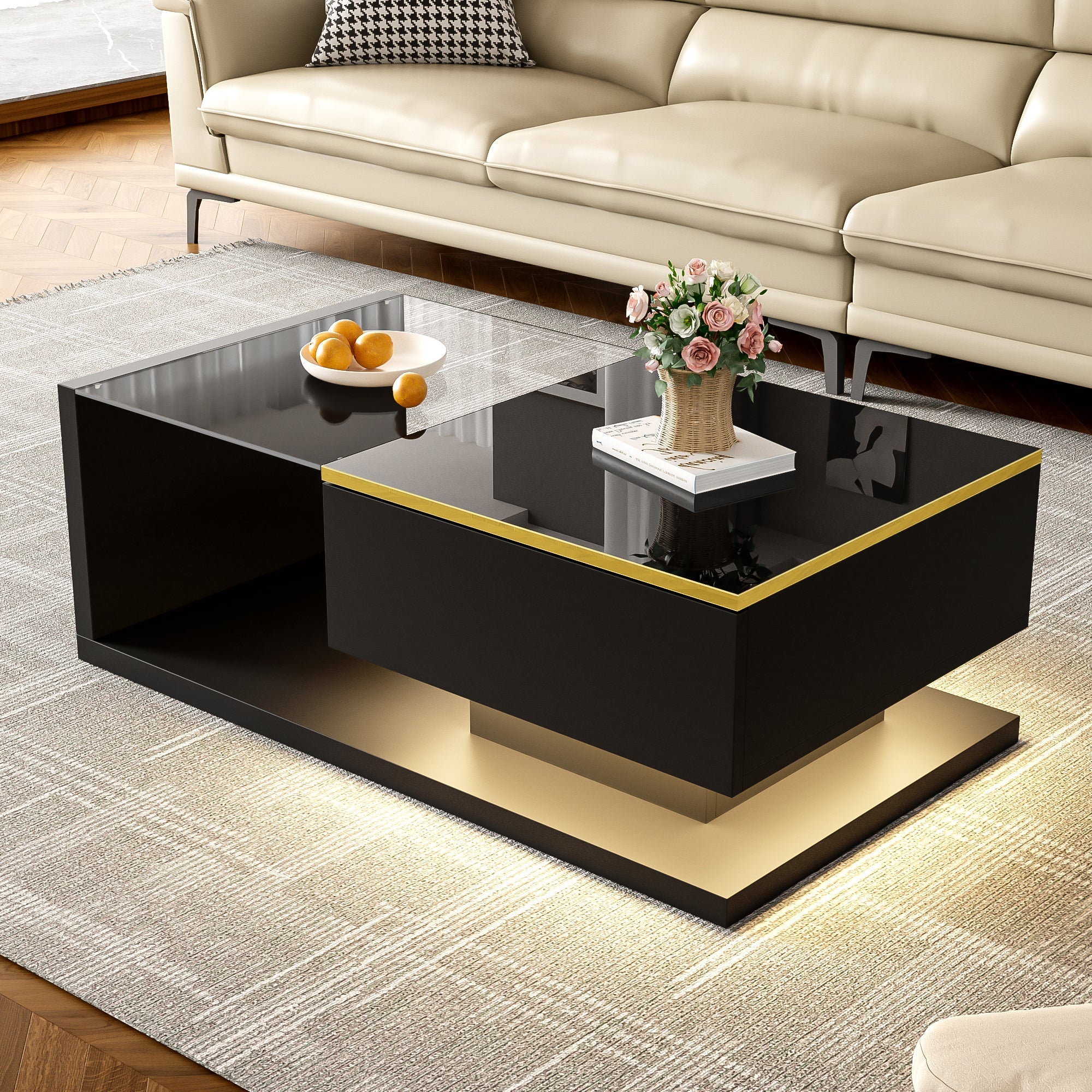 90 cm Coffee Table with Glass & LED, High-Gloss Black