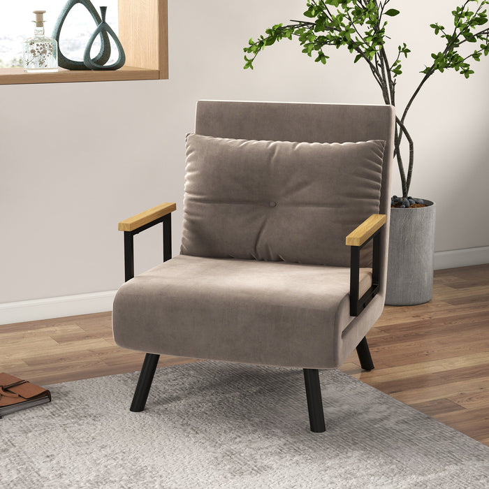 Sleeper Chair Bed, 5-Position Adjustable Backrest Space-Saving Robust, Light Brown Velvet Look