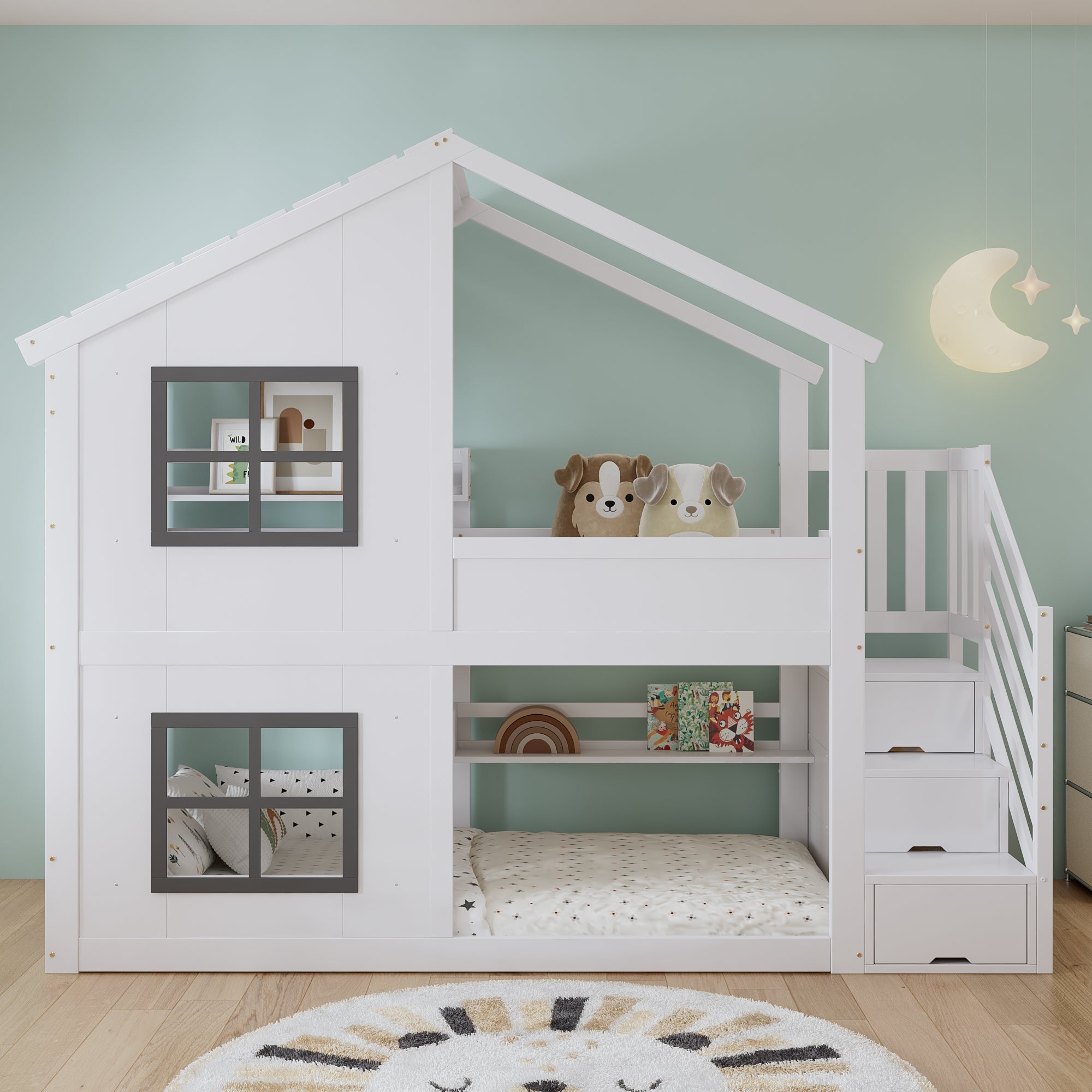 Children's Bunk Bed with Windows, Roof and Storage Cabinet, White and Grey