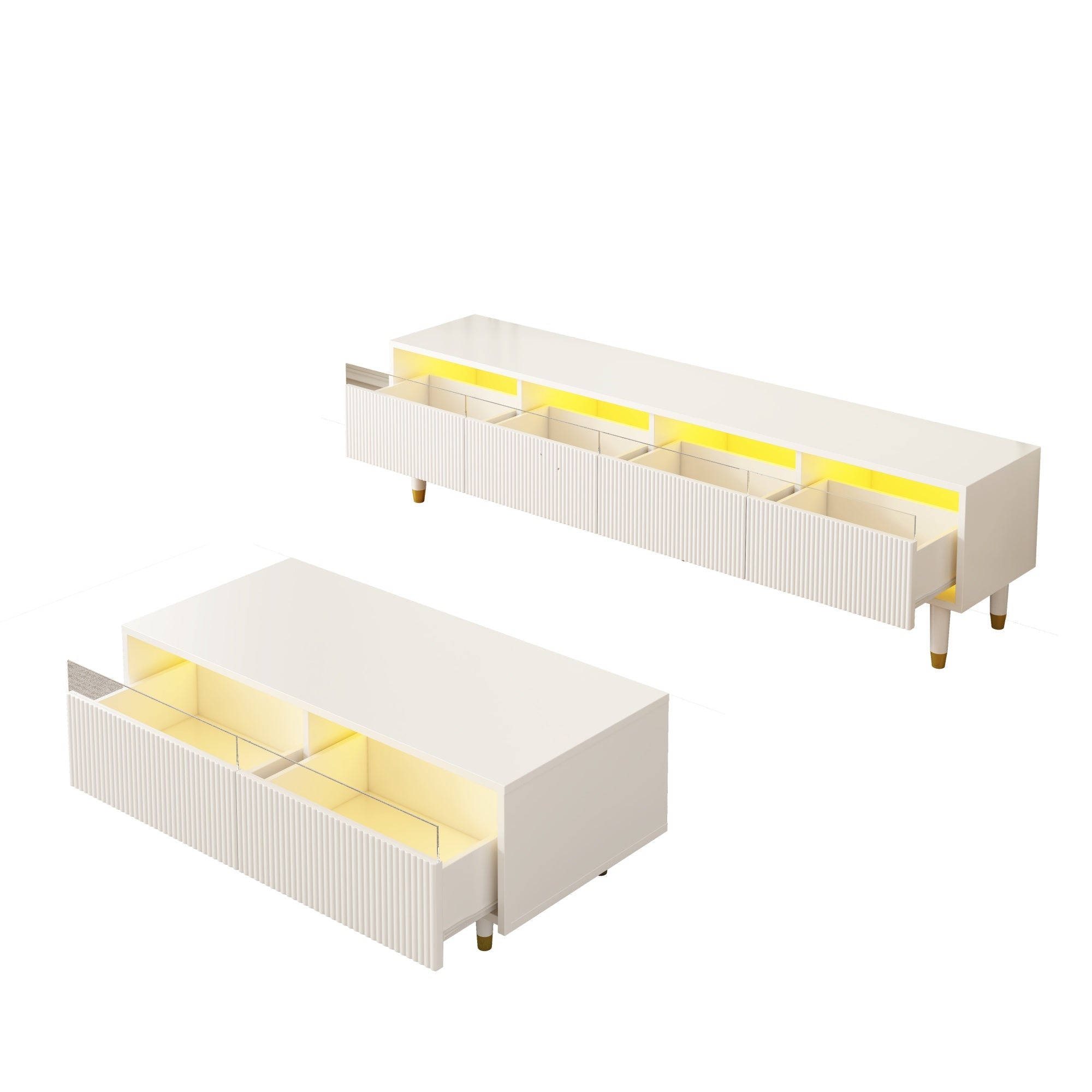 LED Furniture Set, 4-Door TV Stand & Coffee Table with 2 Drawers, White Gold Design