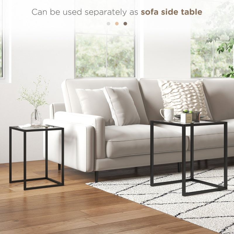Nesting Tables Set of 2, Side End Table with Tempered Glass Top and Steel Frame, Black