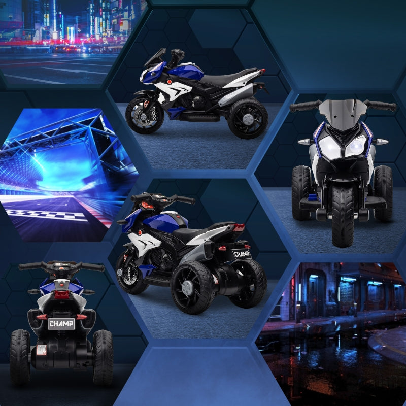 Electric Children's Motorcycle with Lights and Sounds, Rechargeable, Blue and White