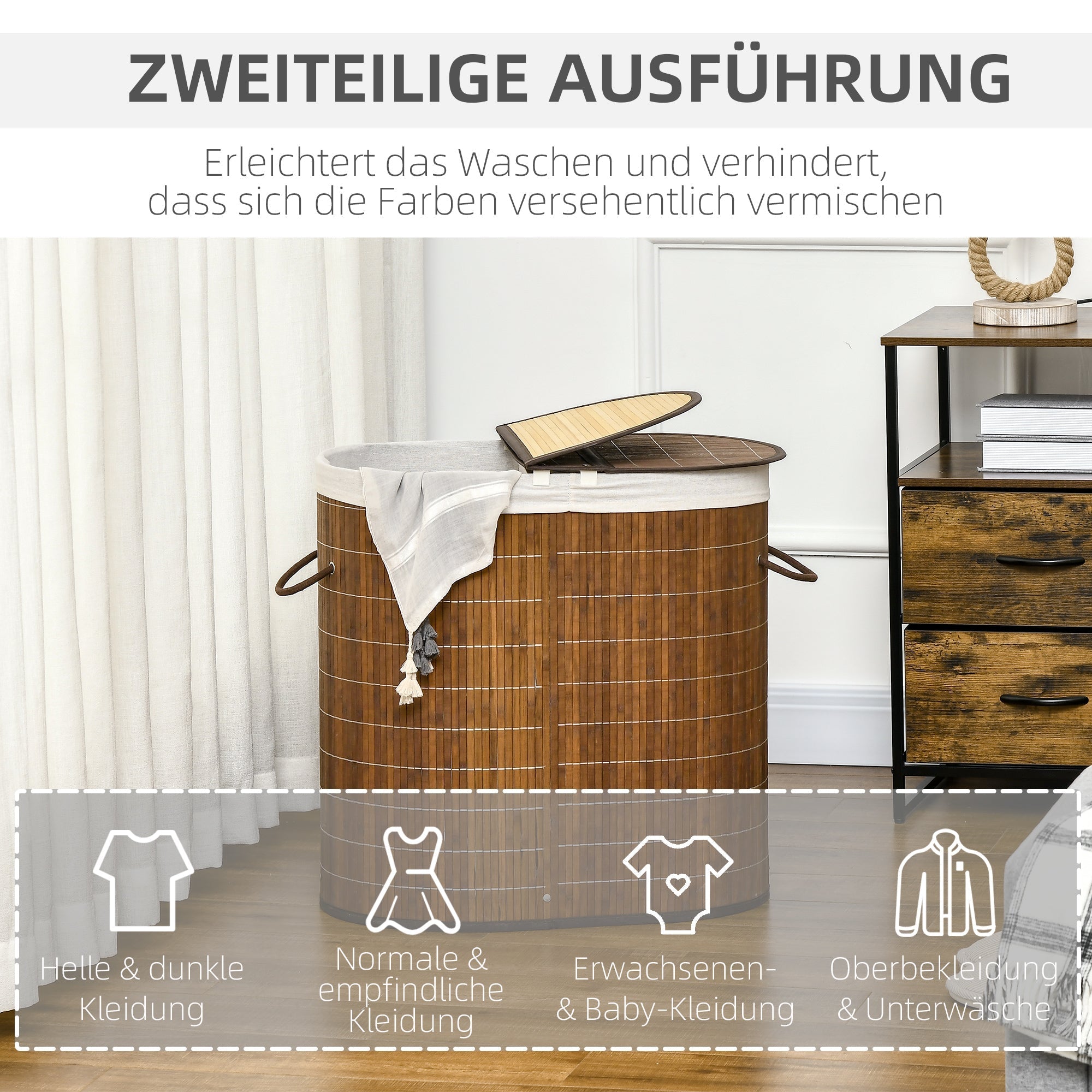 Wäschekorb, 100L mit Deckel, 2 Säcke, Bambus