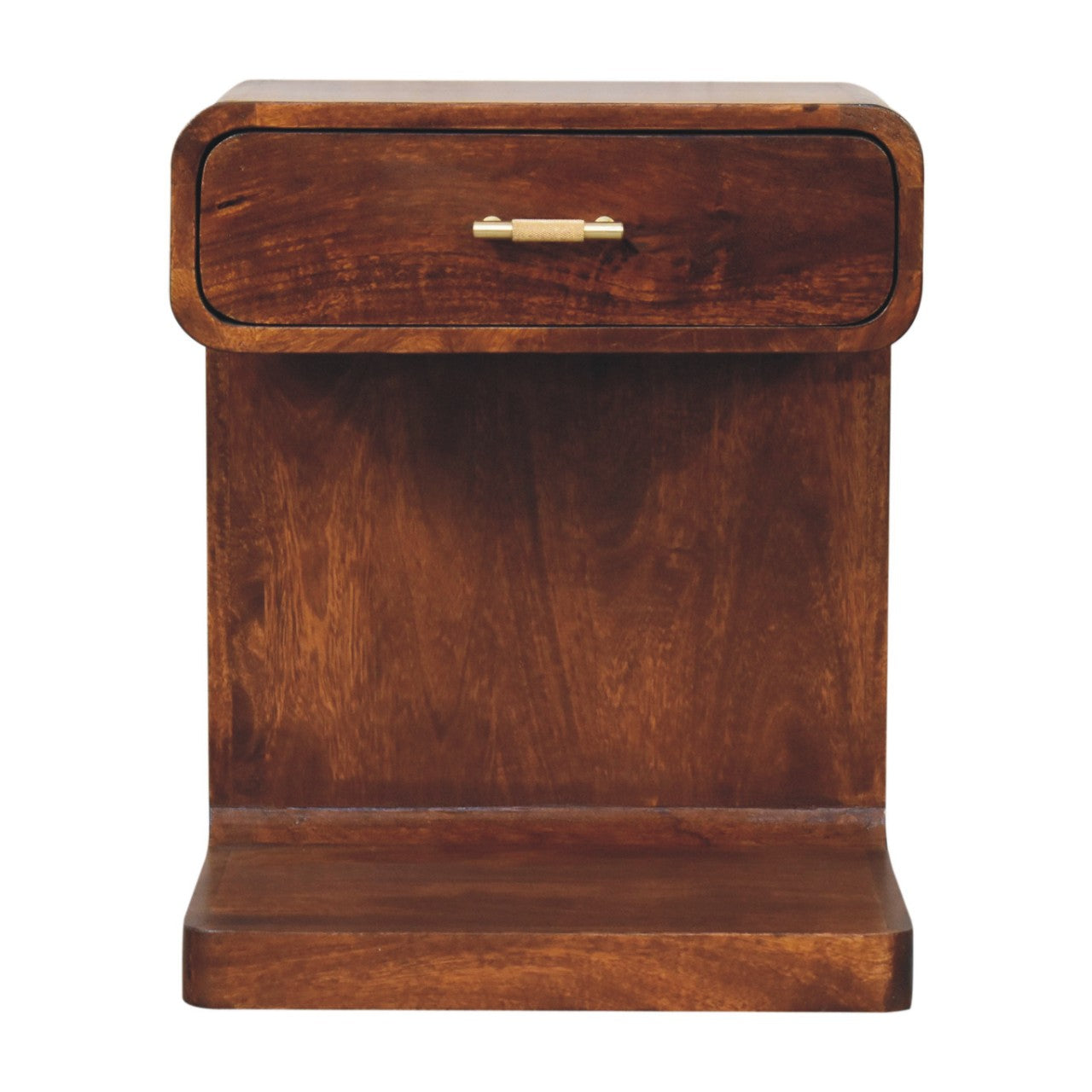 Solid Wood Bedside, T-Bar Rounded, 1 Drawer, 1 Open Slot, Dark Brown Chestnut