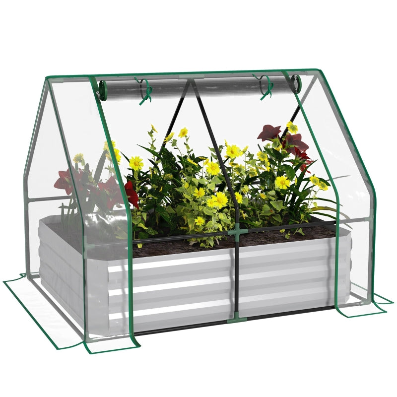 Raised Garden Bed with Greenhouse, Steel Planter Box Roll Up Window Dual Use, Clear