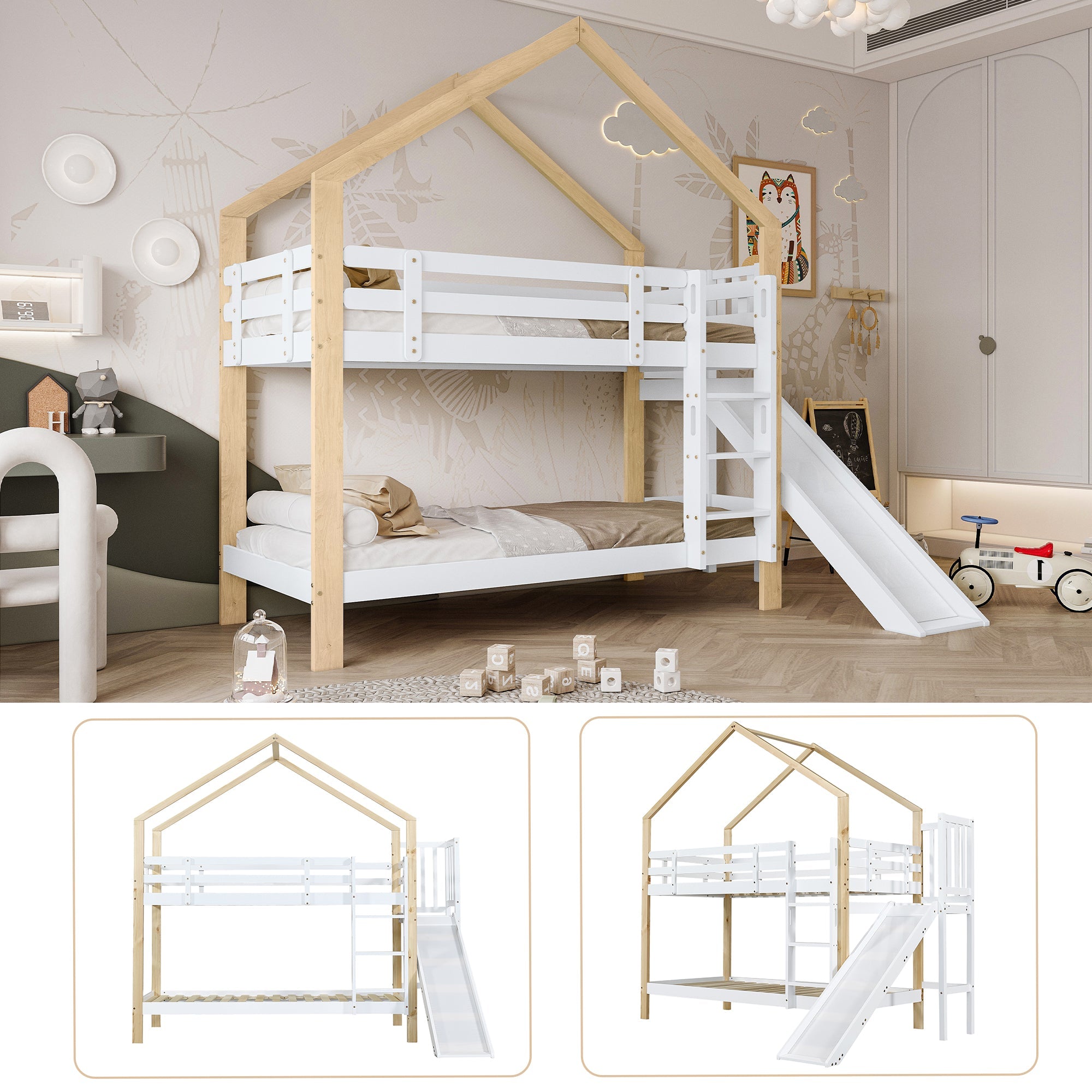 Bunk bed with slide, three-step angled ladder, safety guard, solid wood, white and natural, 90x200cm