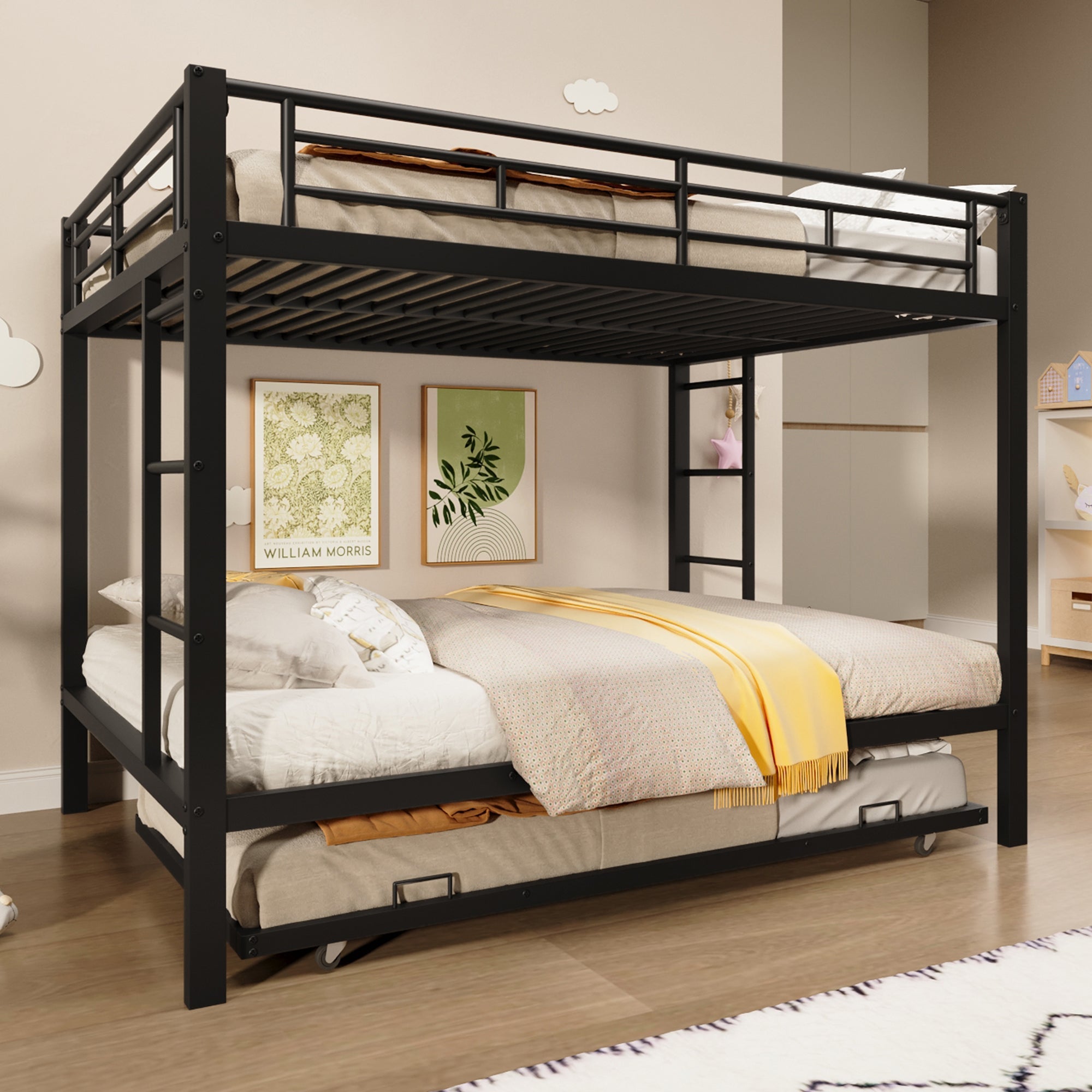 140*200cm Bunk Bed with Pull-out Bed and High Railings, Iron, Black