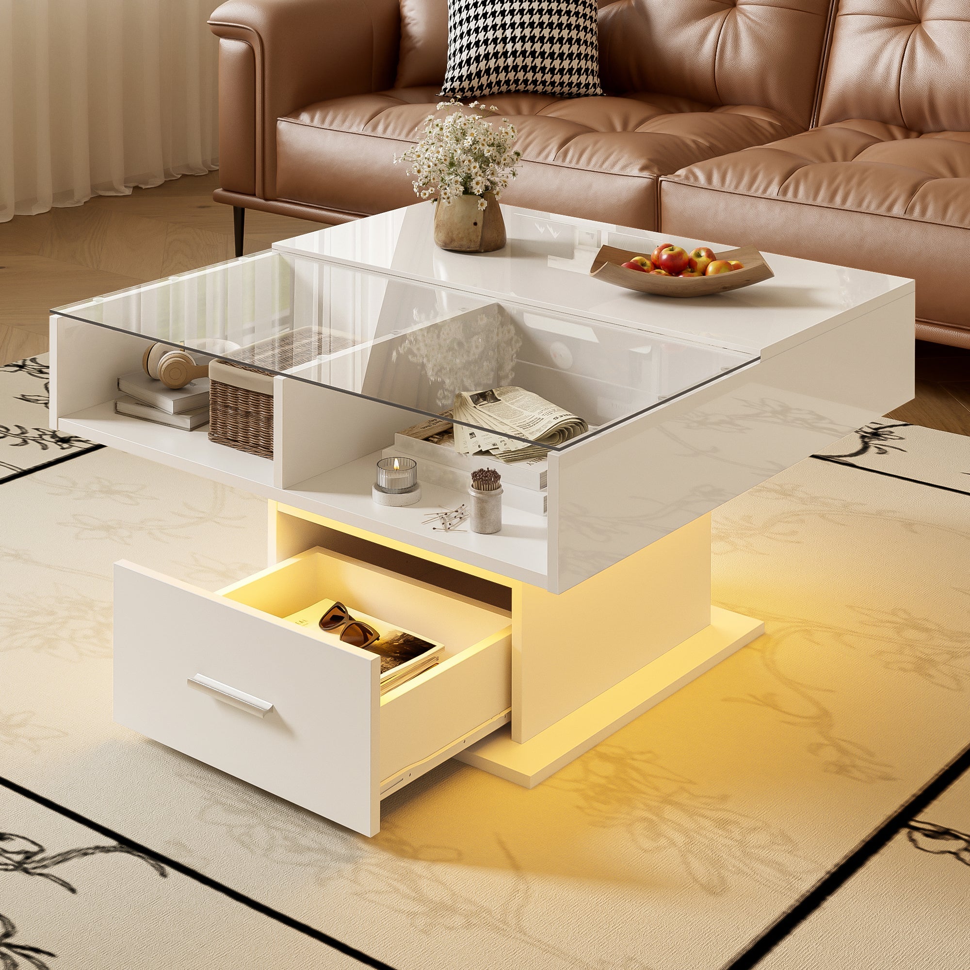 Multifunctional high-gloss lift coffee table with LED lighting, adjustable height & flexible storage space, modern design