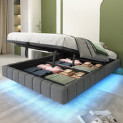 Upholstered Bed, 140x200 cm Hydraulic Floating with Storage & LED Light, Linen Grey