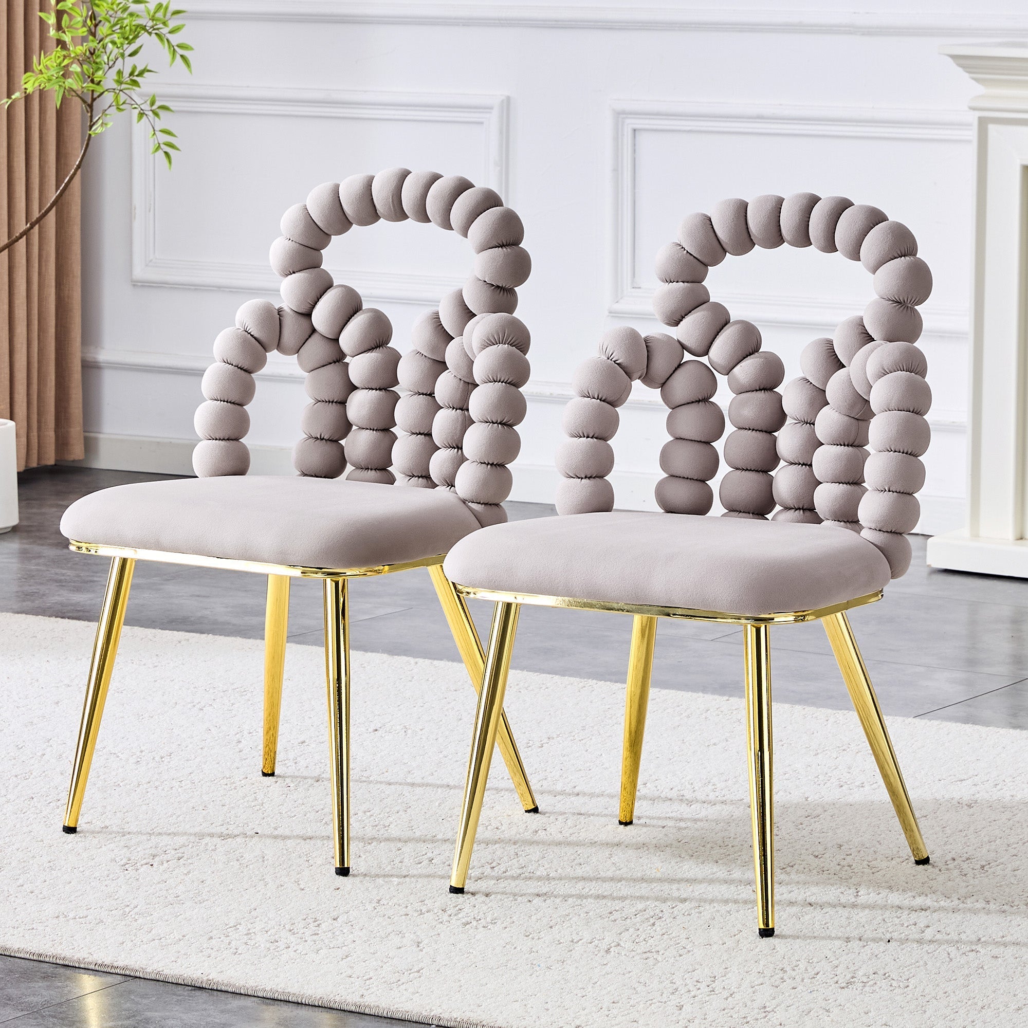 Dining Chairs Set of 2 Velvet Ball Chain Backrests Gold Legs - Light Grey