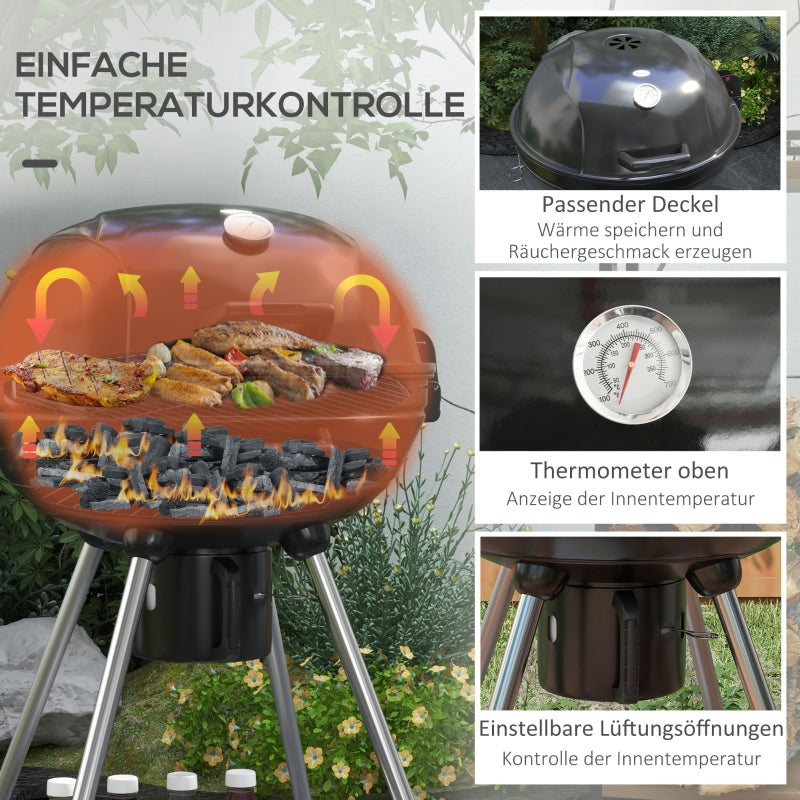 Holzkohlegrill BBQ Camping mit Rost, Rädern, Ablage, Thermometer, Metall