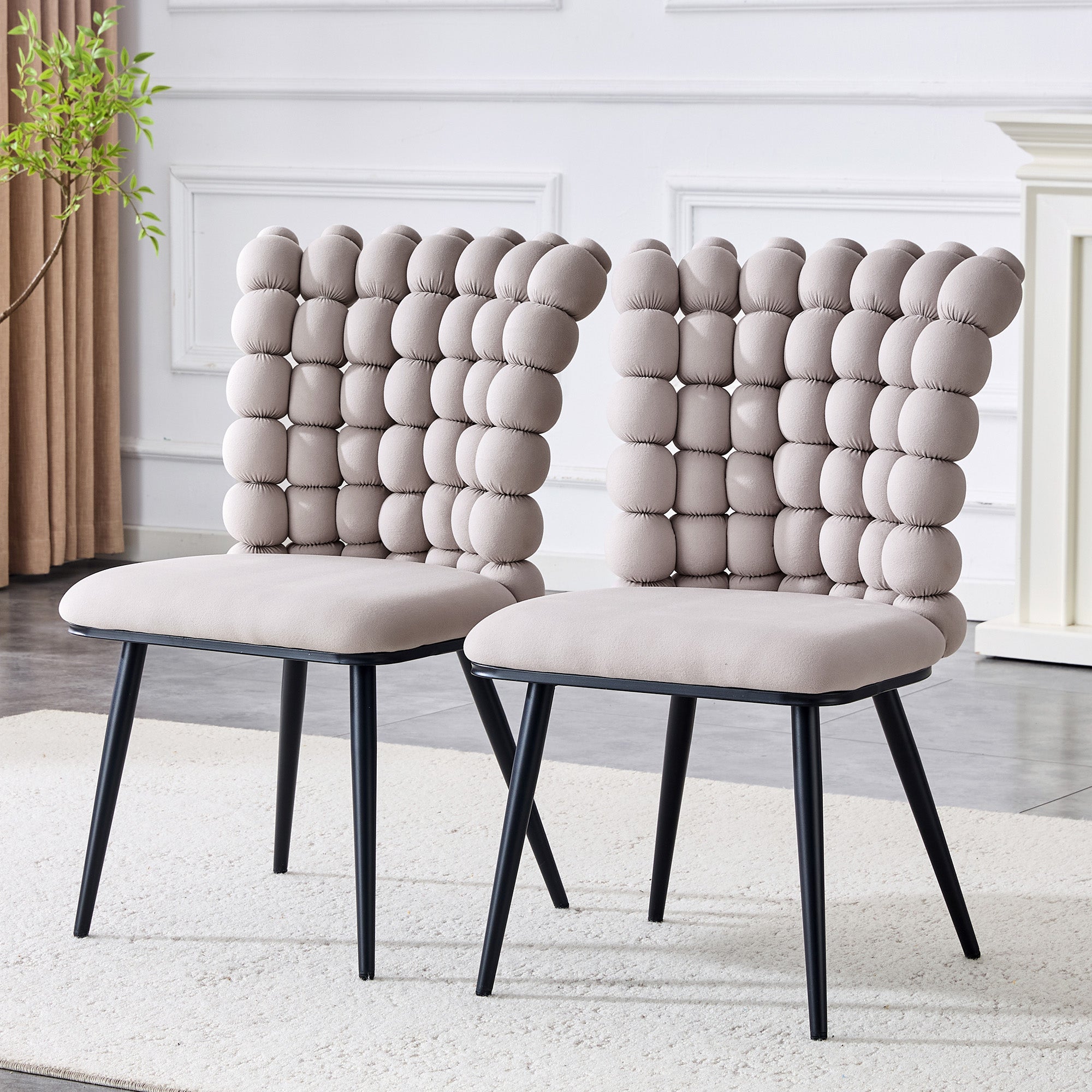 Dining Chairs Set of 2 Beaded Chain Black Metal Legs Light Grey Velvet