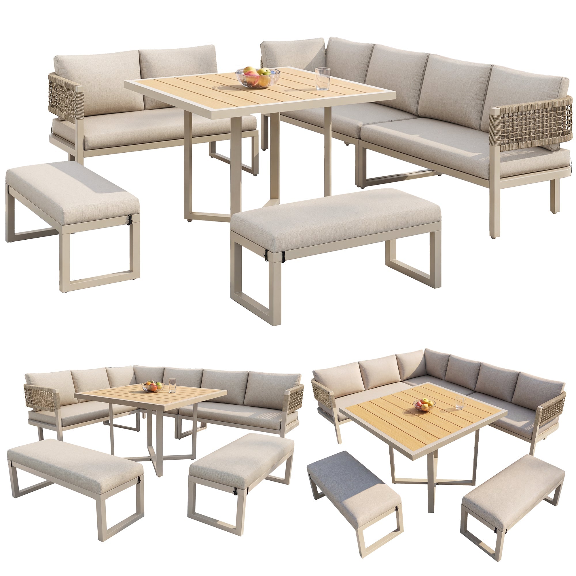 Garden Lounge Set for 8-10 People with Large Dining Table and Cushions, Plastic Wood and Ropework