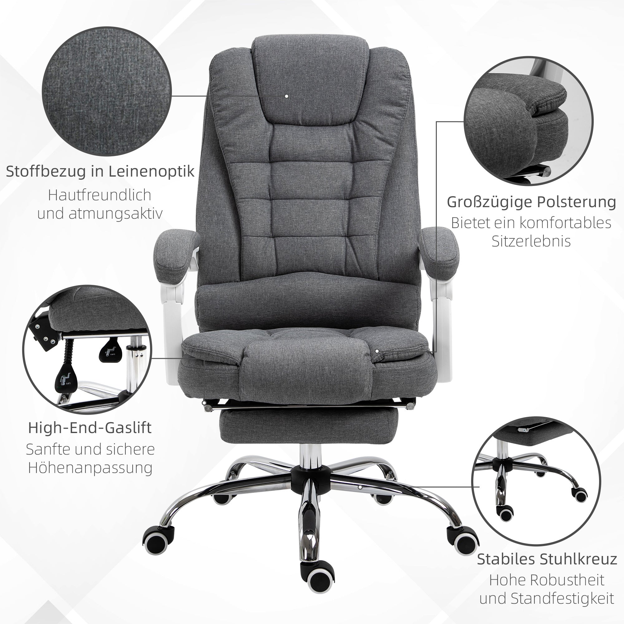 Vinsetto Office Chair Ergonomic Desk Chair, Foldable Footrest, Grey Metal