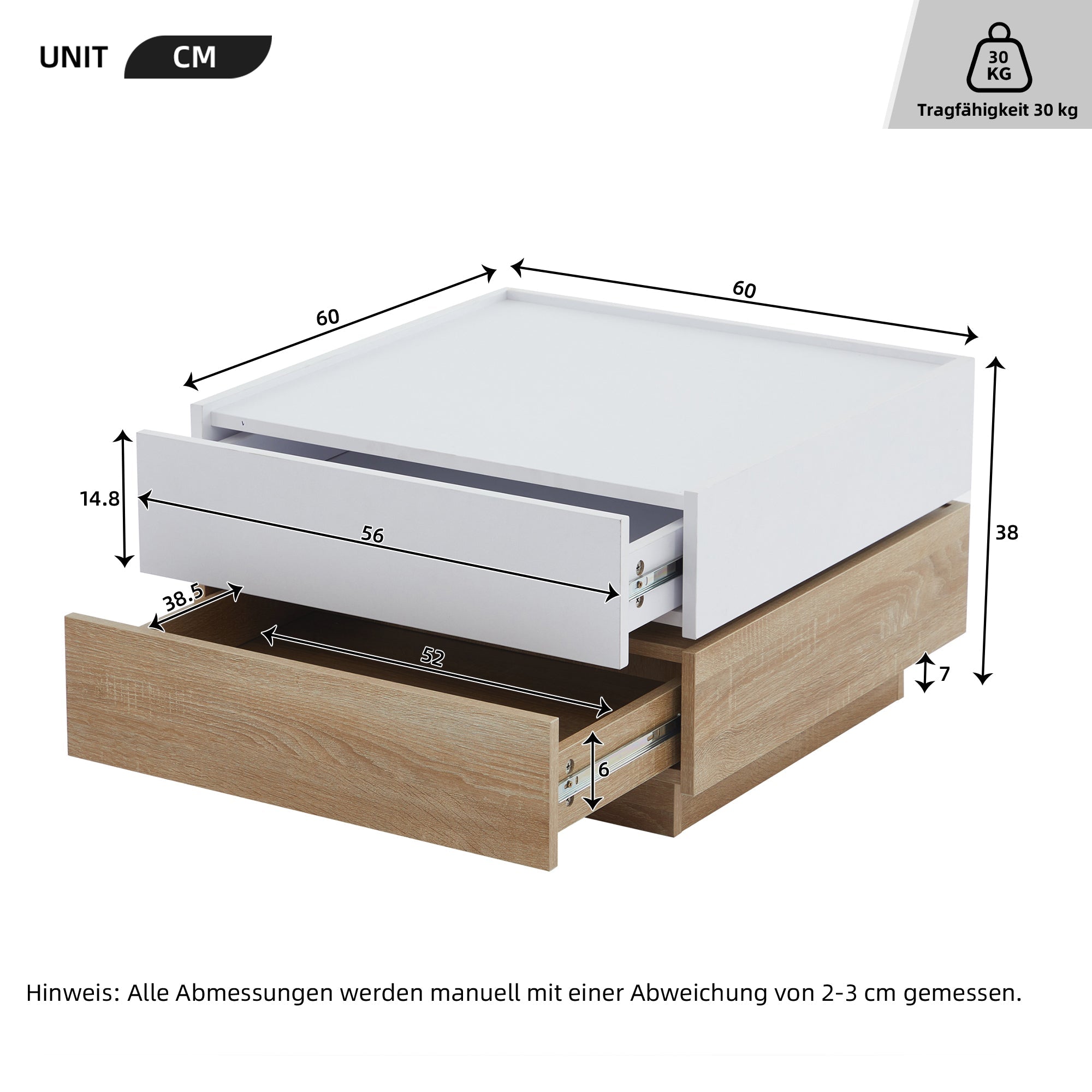 Functional coffee table, 360° rotatable with 2 levels storage, walnut frame white