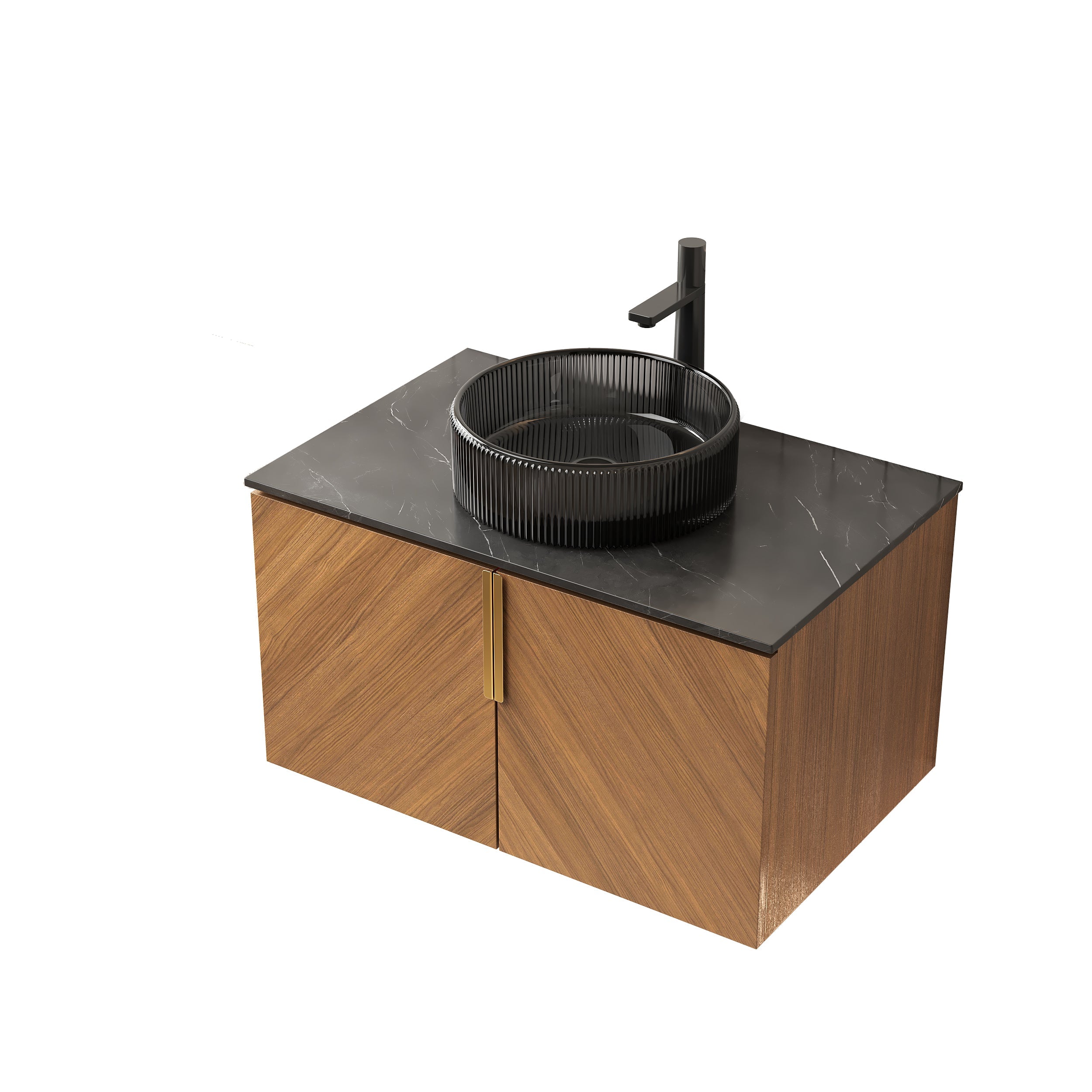 ARAI 76cm Wall Mount Bathroom Vanity with Black Glass Basin, Espresso Wood Grain