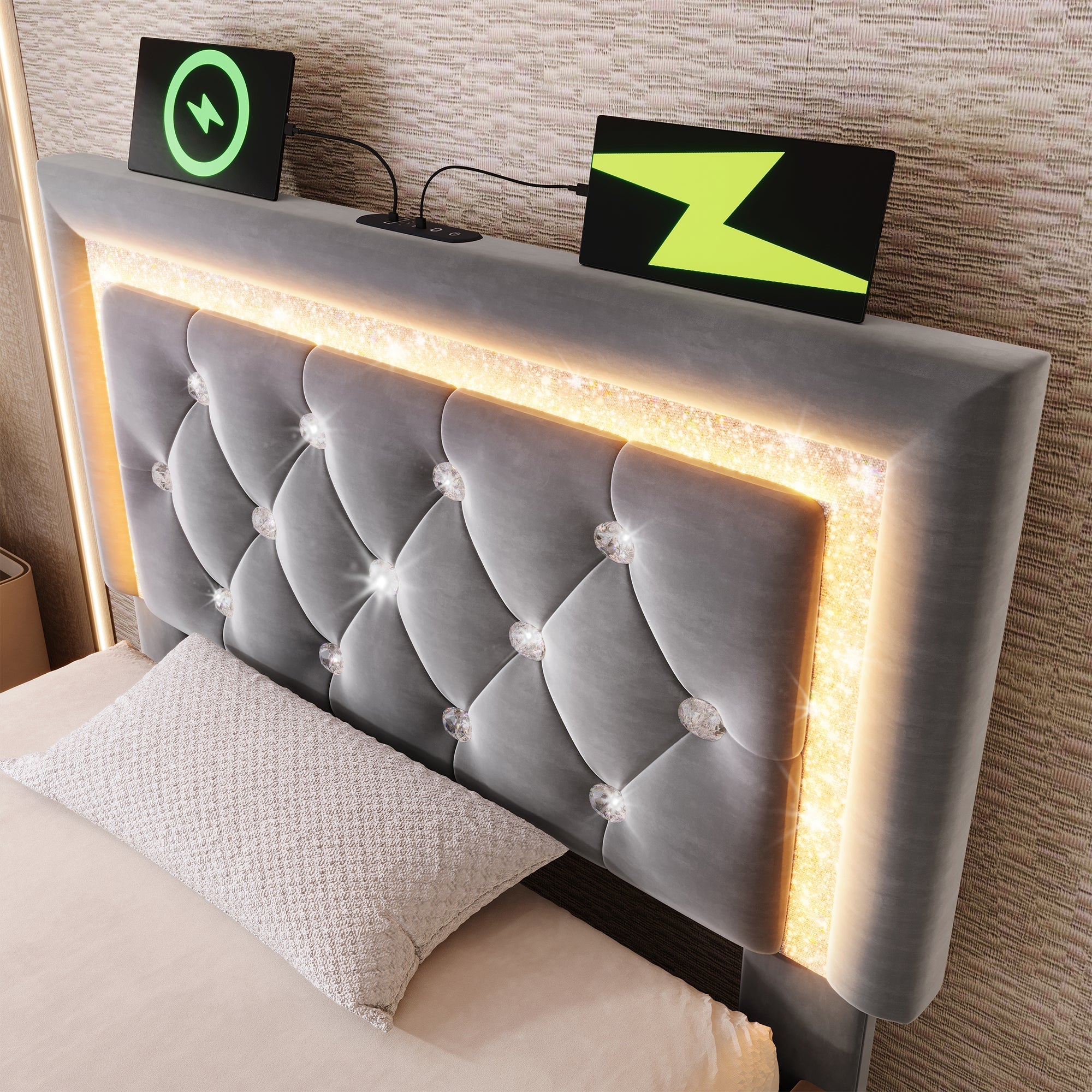 Upholstered Single Bed 90x200cm Hydraulic Storage LED USB/Type-C Charging - Velvet Grey