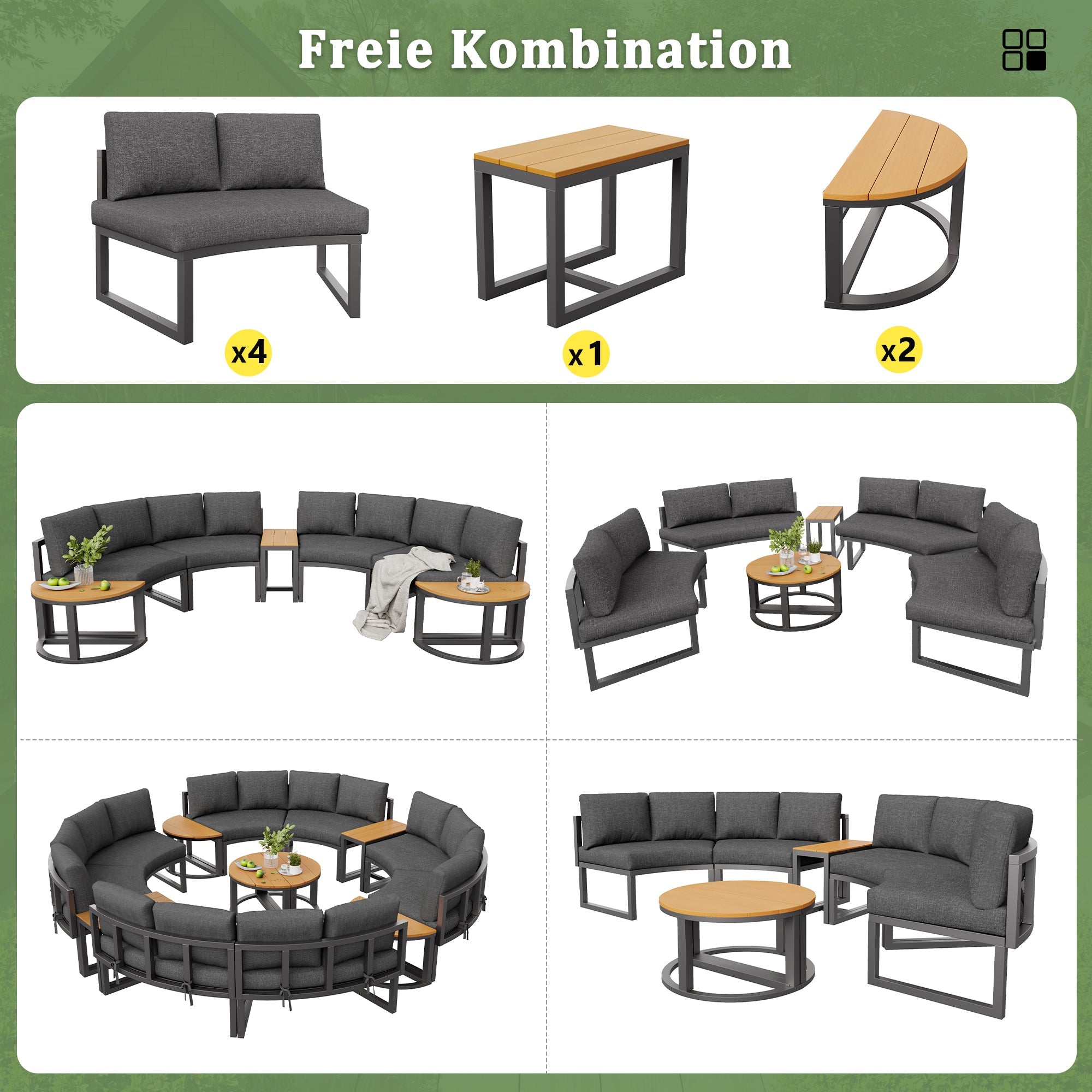 Garden Lounge Set 8-12 Person Round Sofa Adjustable Legs - Grey