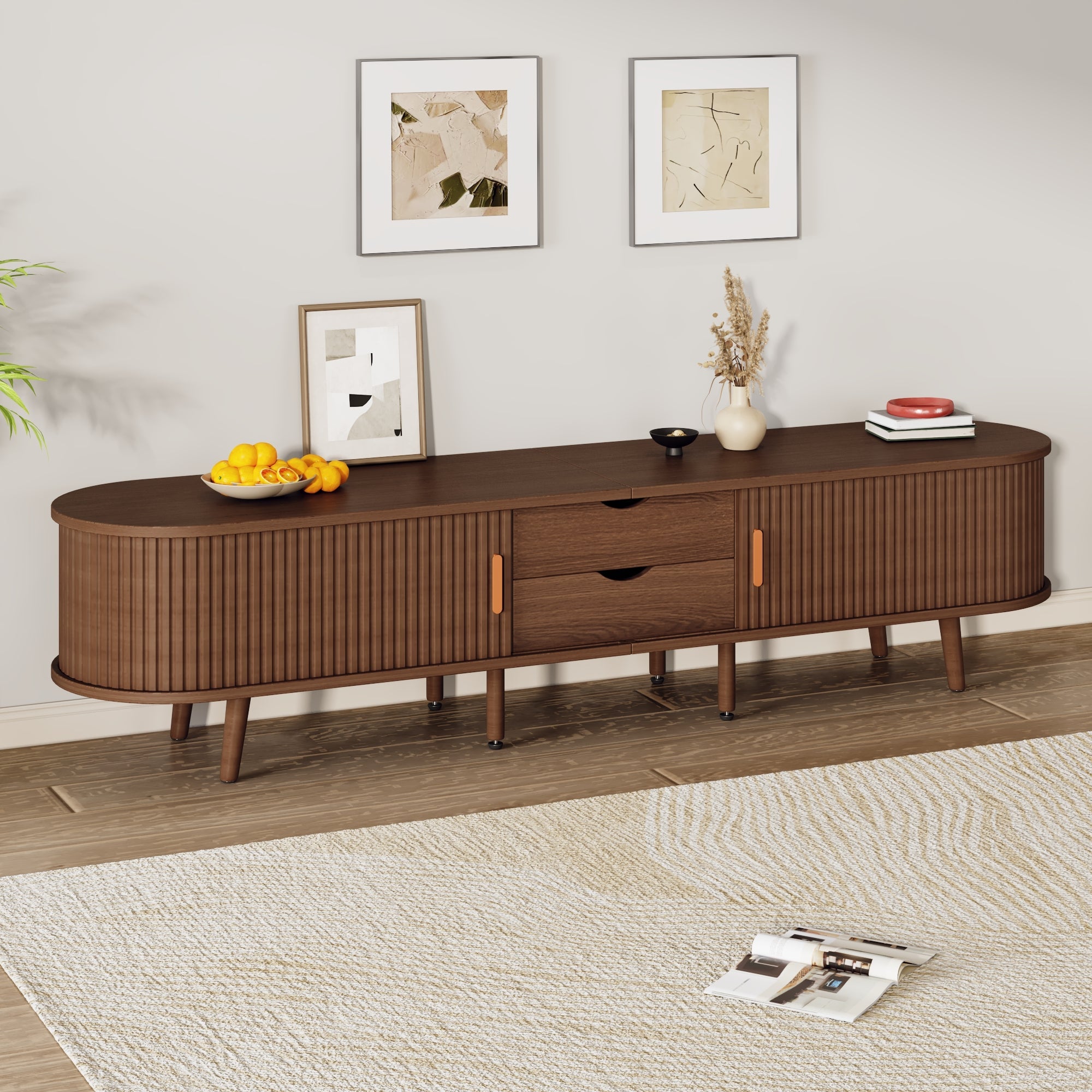 TV Cabinet 175cm Storage 2 Drawers Telescopic Doors, Walnut MDF
