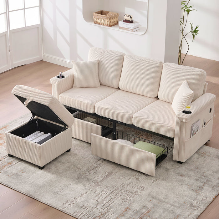 Velvet Sofa, LED USB-C Storage Footrest Cup Holders, Beige