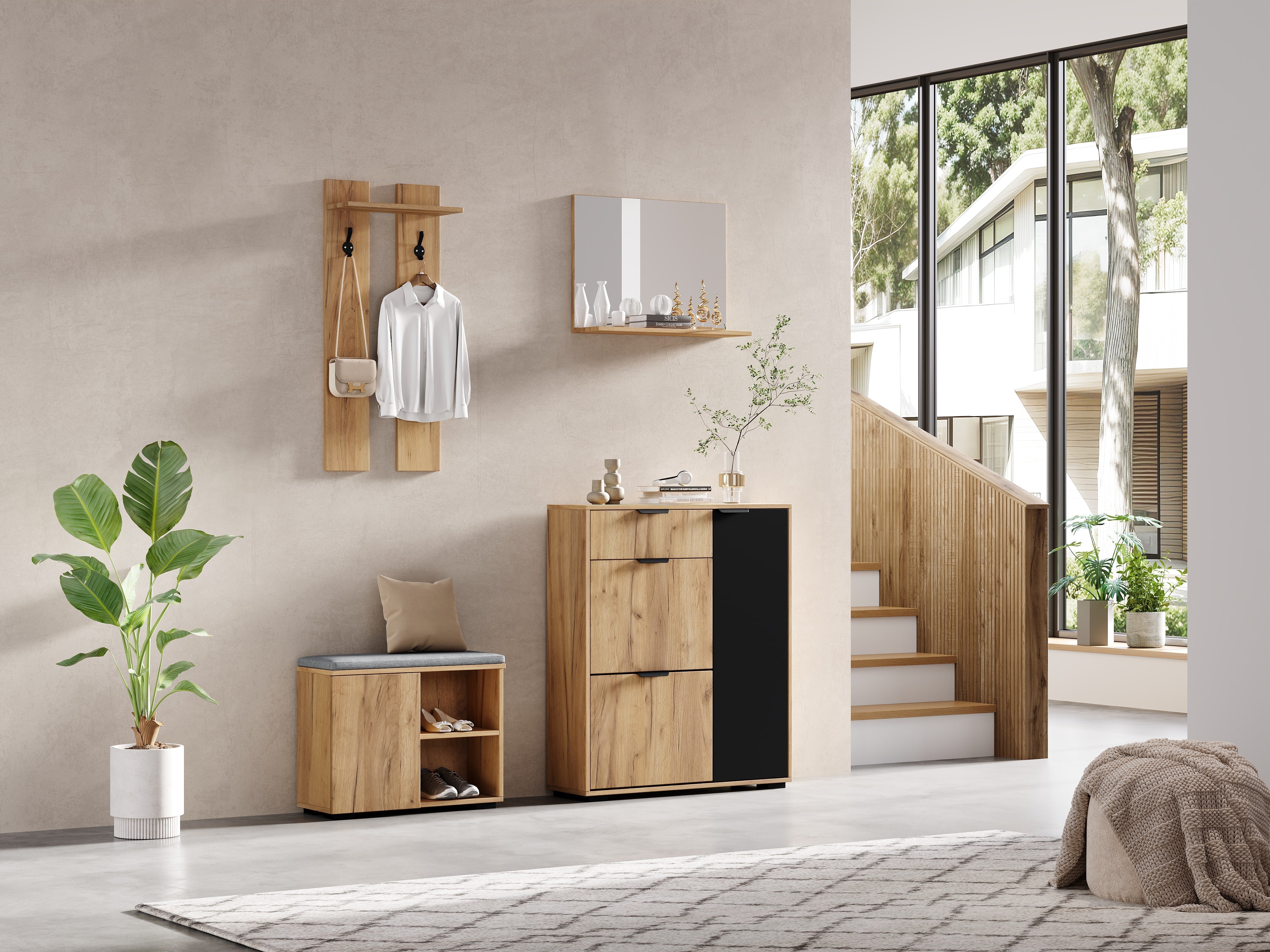 Hallway Wardrobe Set Wall-Mounted with Shoe Bench Shoe Cabinet Mirror Natural and Black