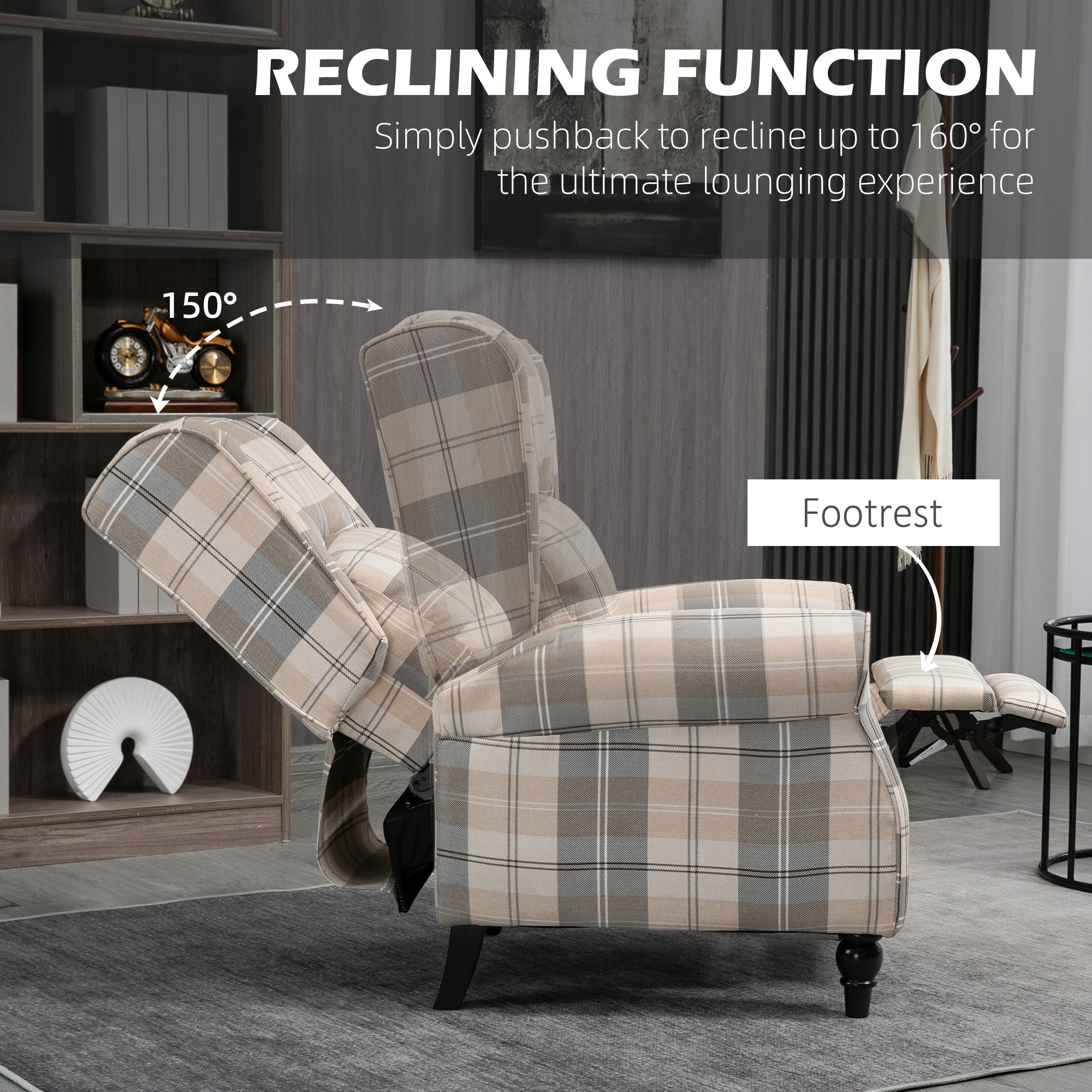 Wingback Recliner Armchair with Footrest, Rubber Wood Legs, Khaki