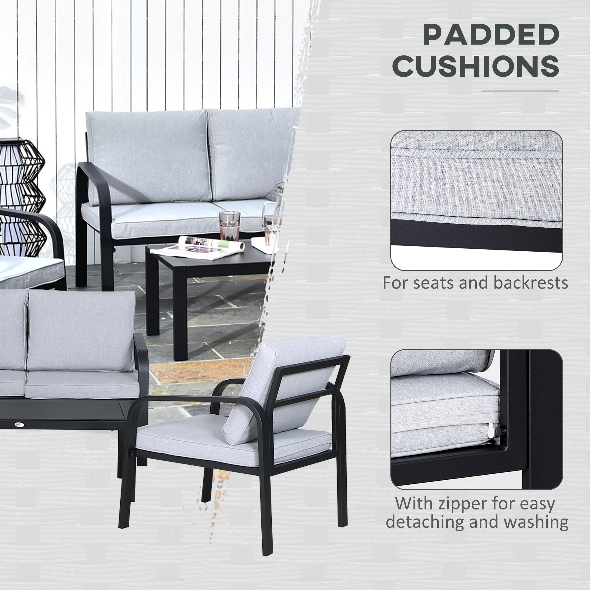 4pcs Garden Sofa Set 2 Armchairs 1 Bench 1 Coffee Table Aluminum Frame Black