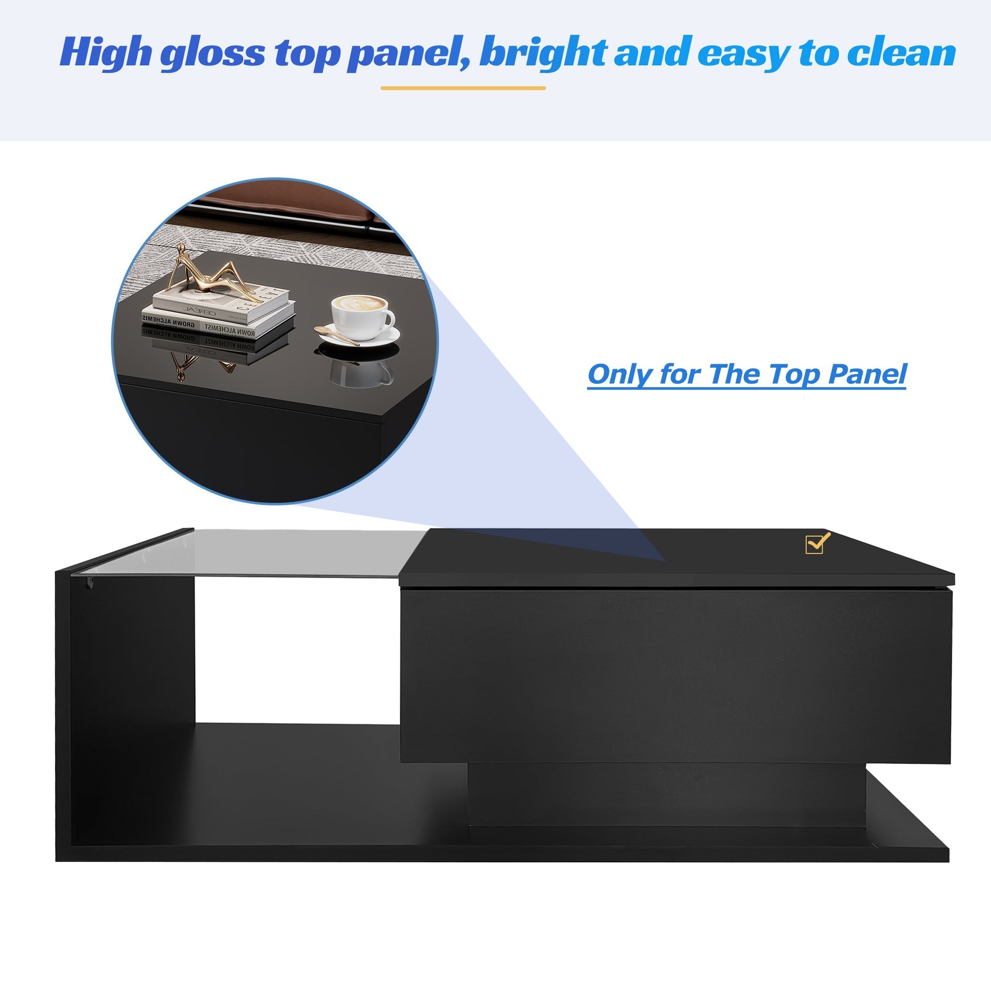 High-gloss Black Coffee Table with Glass Top & Drawers