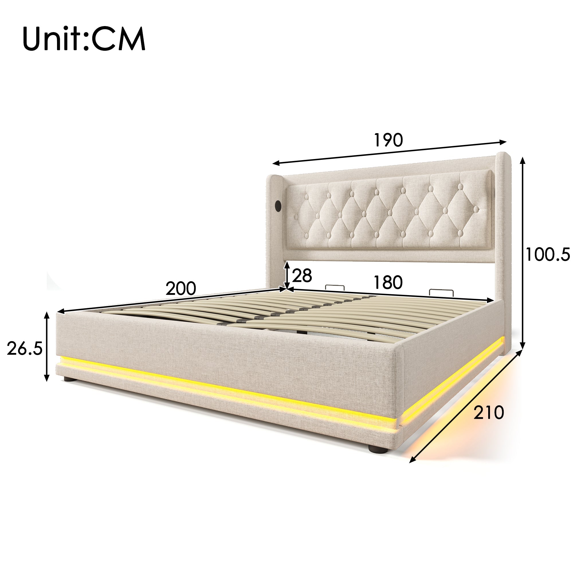 Upholstered Double Bed with Hydraulic Storage, USB and LED, 180x200cm, Beige Cotton