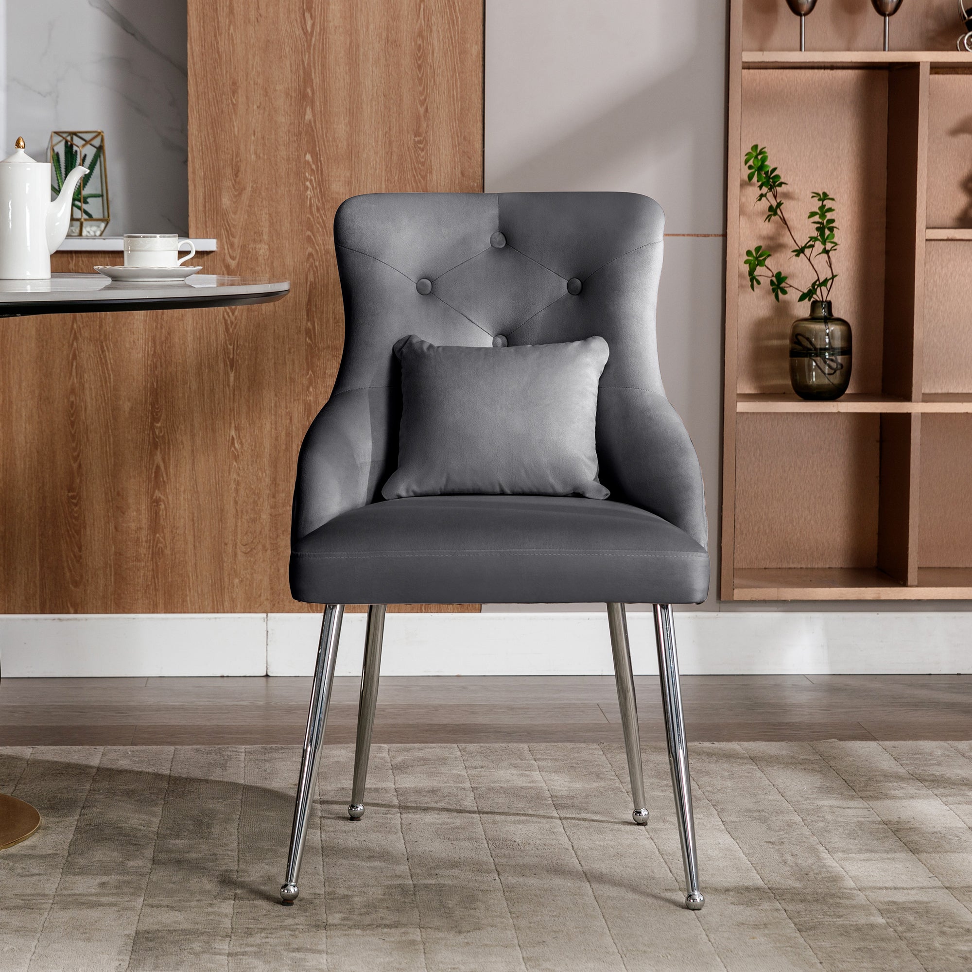 Button Pattern Dining Chair, Upholstered Armchair with Metal Legs, Modern Lounge Chair, Grey