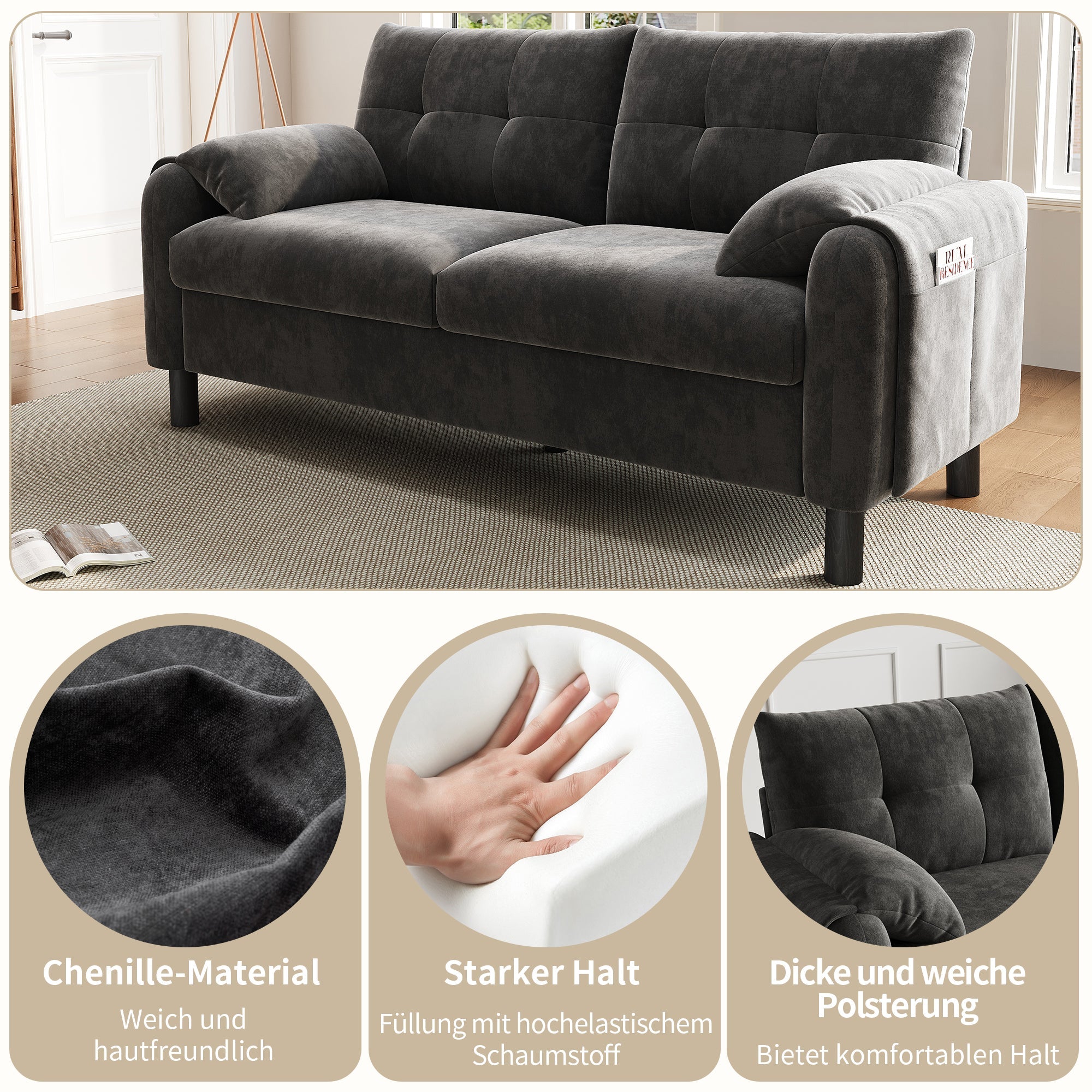 Modern 2-Seater Sofa, Thick Cushions, Scandinavian Design, Chenille Gray