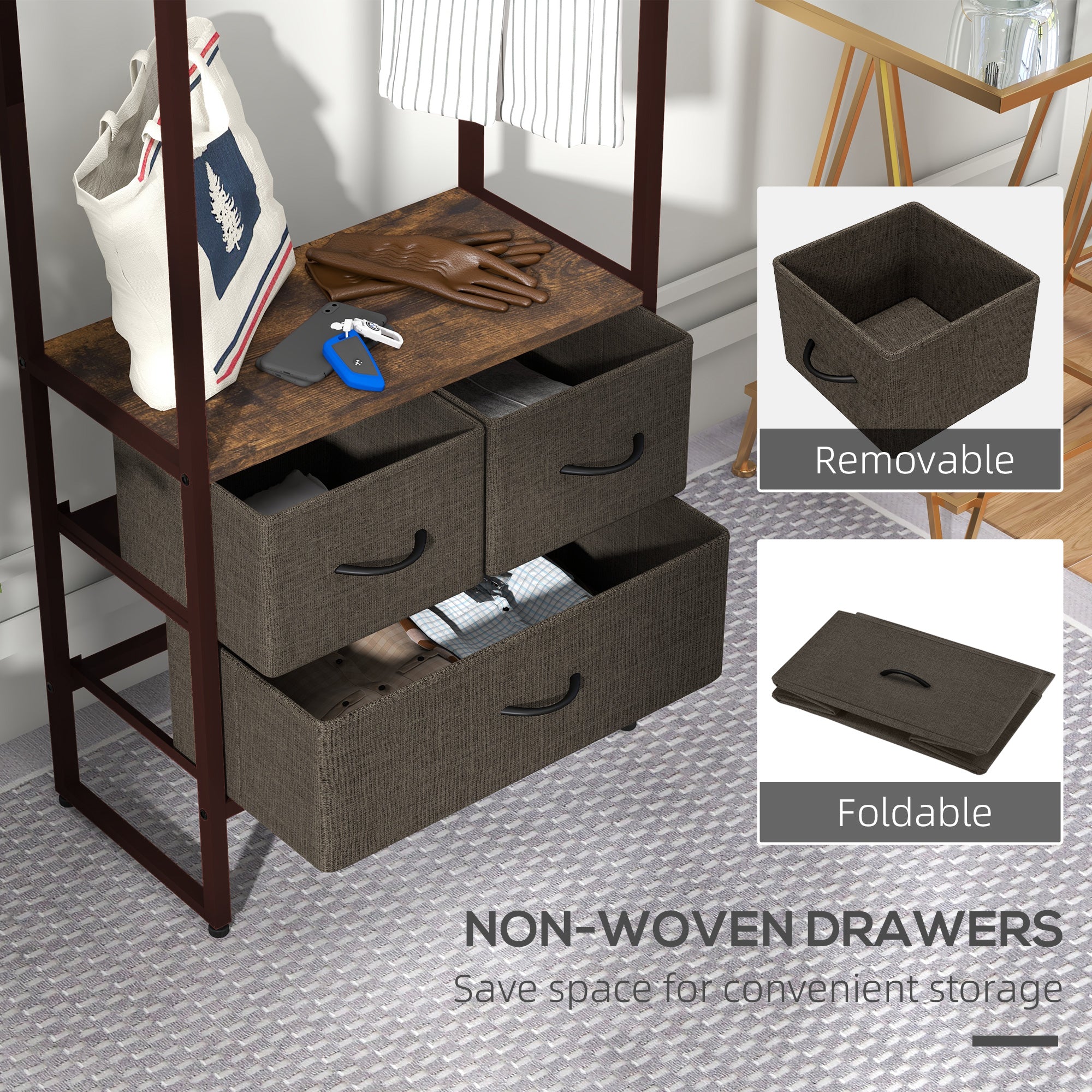 Compact Clothes Rail, Drawers and Shelf, Rustic Brown Engineered Wood