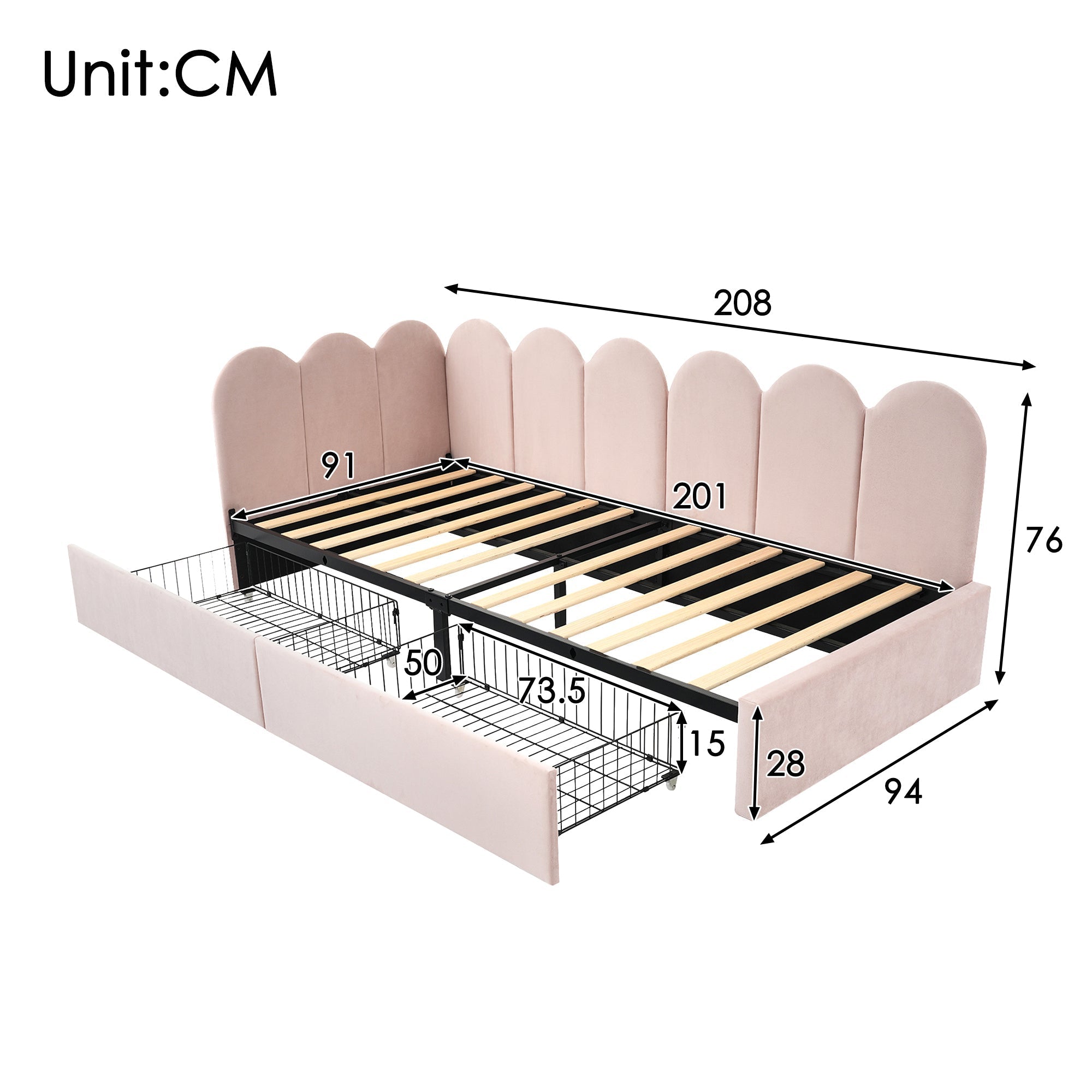 Upholstered Bed, Single with Drawers & Slatted Frame, Velvet Pink