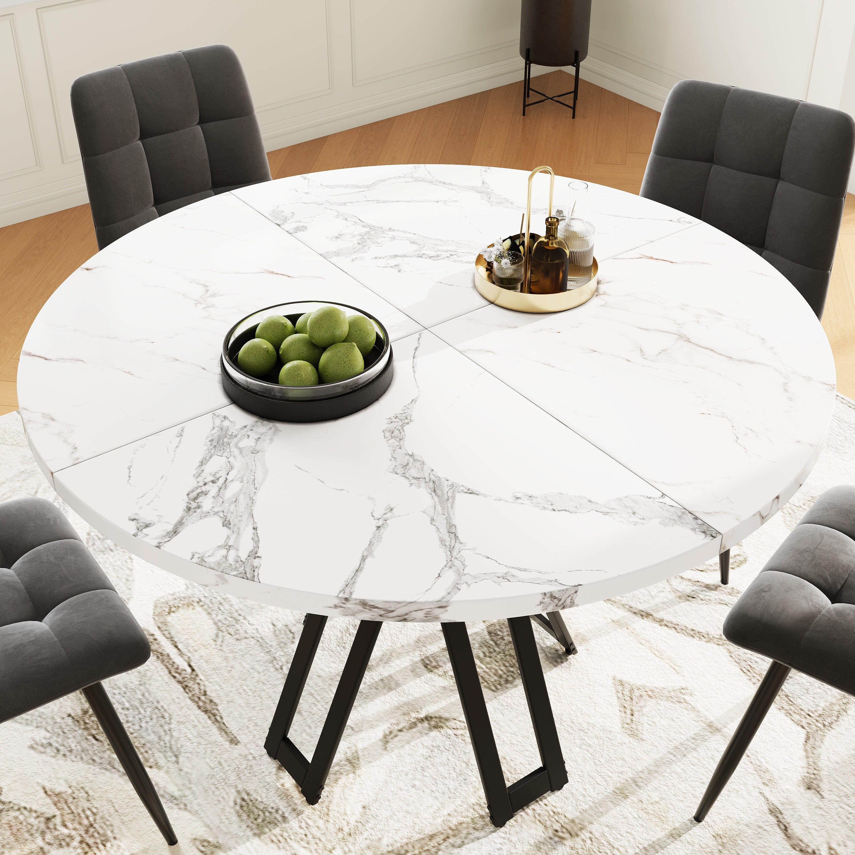 Dining Set 5-Piece Round 100cm Marble Top 4 Velvet Chairs - White/Grey/Black