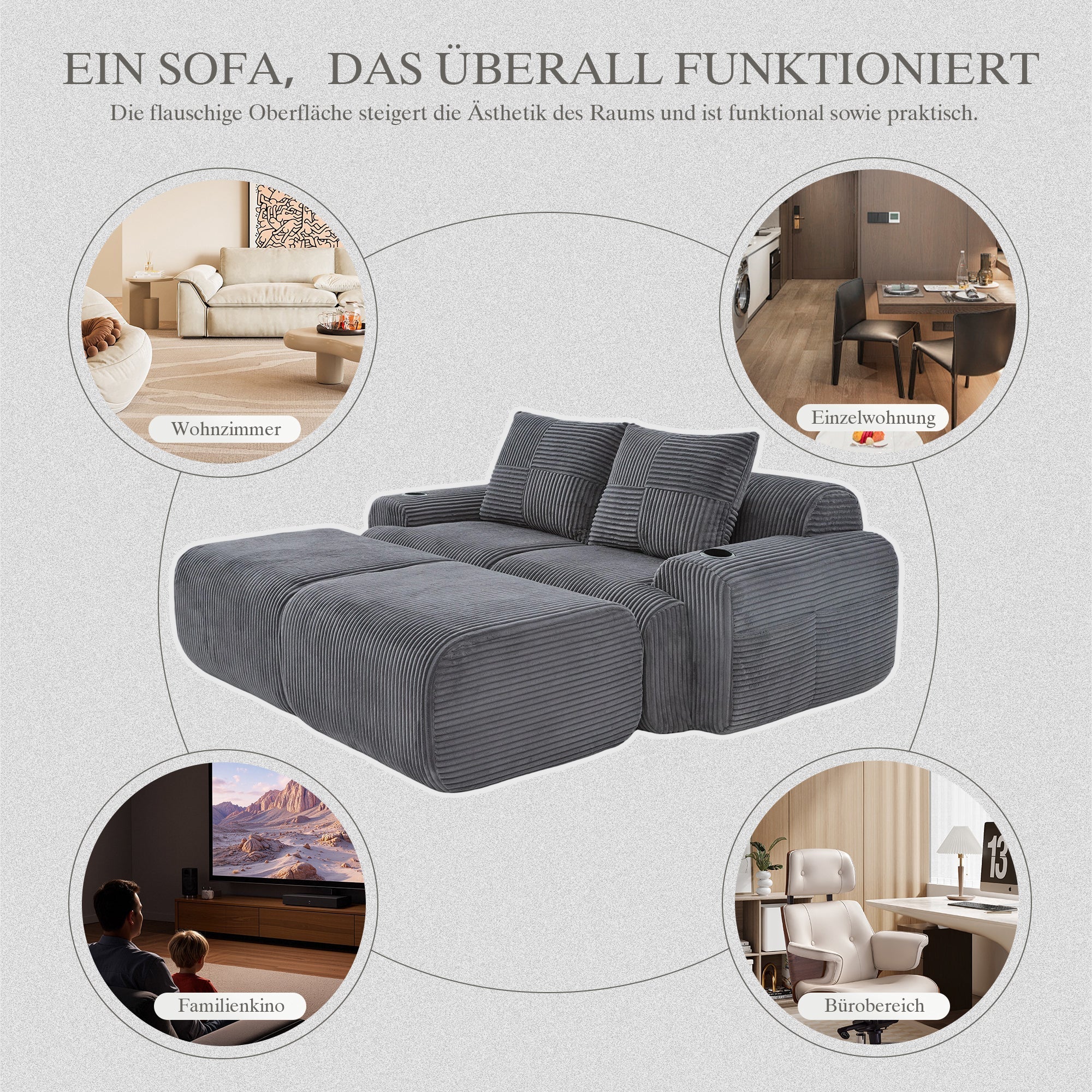 Modular 2-Seater Corduroy Sofa with Ottomans, Cup Holders and Storage Pocket, Dark Grey